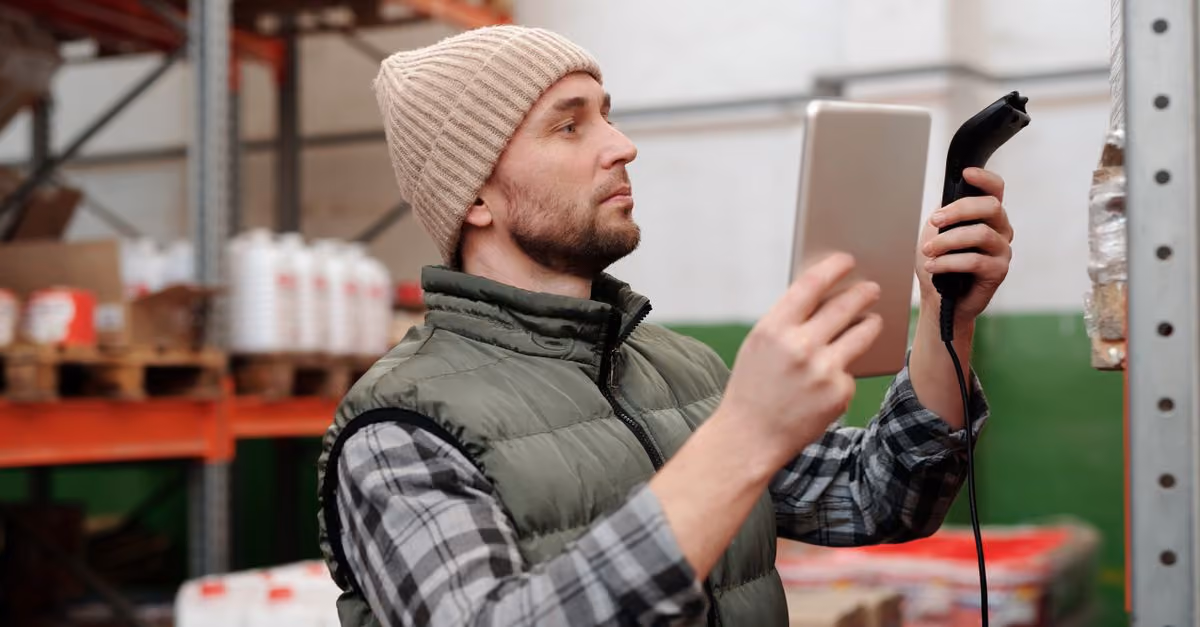 Man in beanie and vest using a scanner in a warehouse for inventory control.