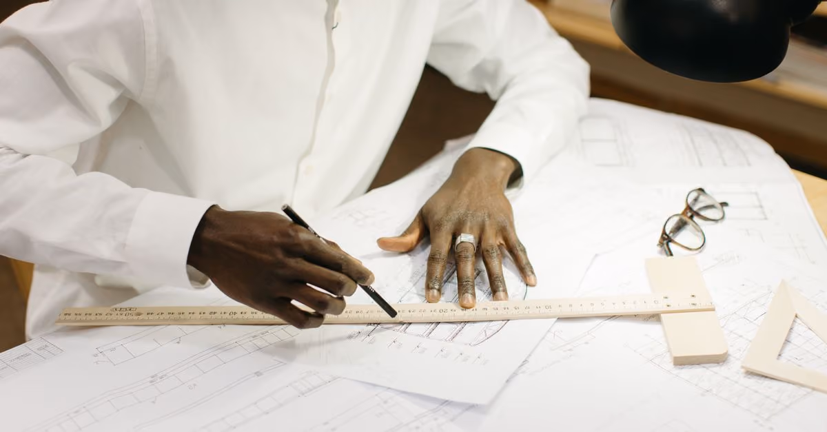 An architect diligently works on blueprints at a well-lit office desk with design tools.