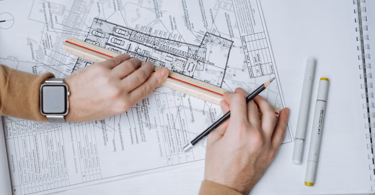 An architect uses a ruler and pencil on blueprints, showcasing workspace and planning.