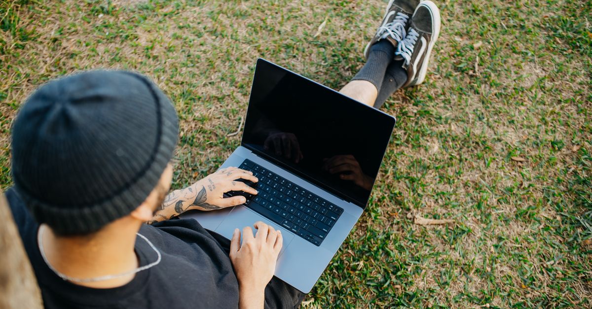 Back view of a young man sitting on grass using a laptop outdoors, showcasing relaxed freelance work lifestyle.