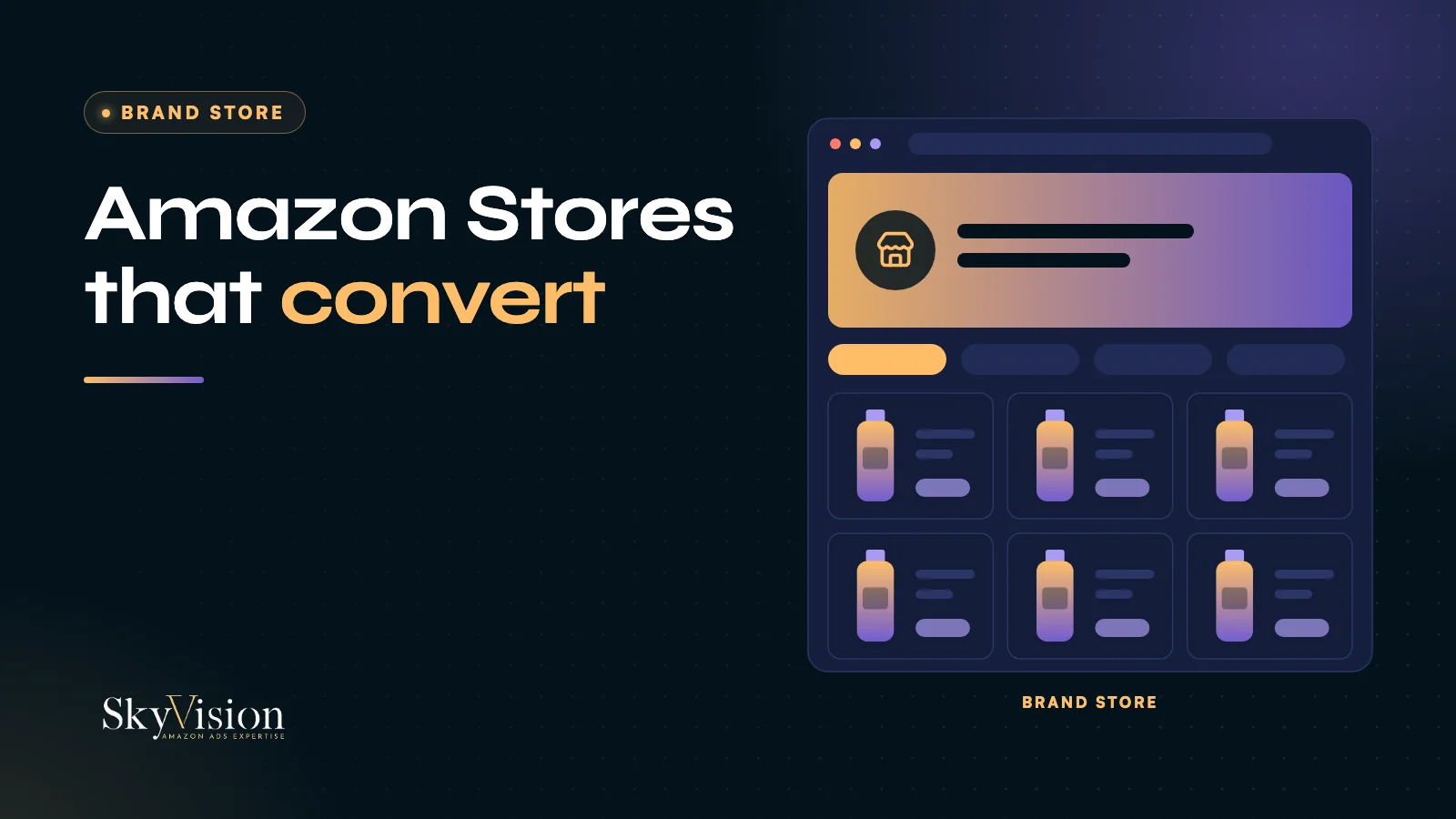 Mock-up of an Amazon brand store: banner, category navigation and product grid