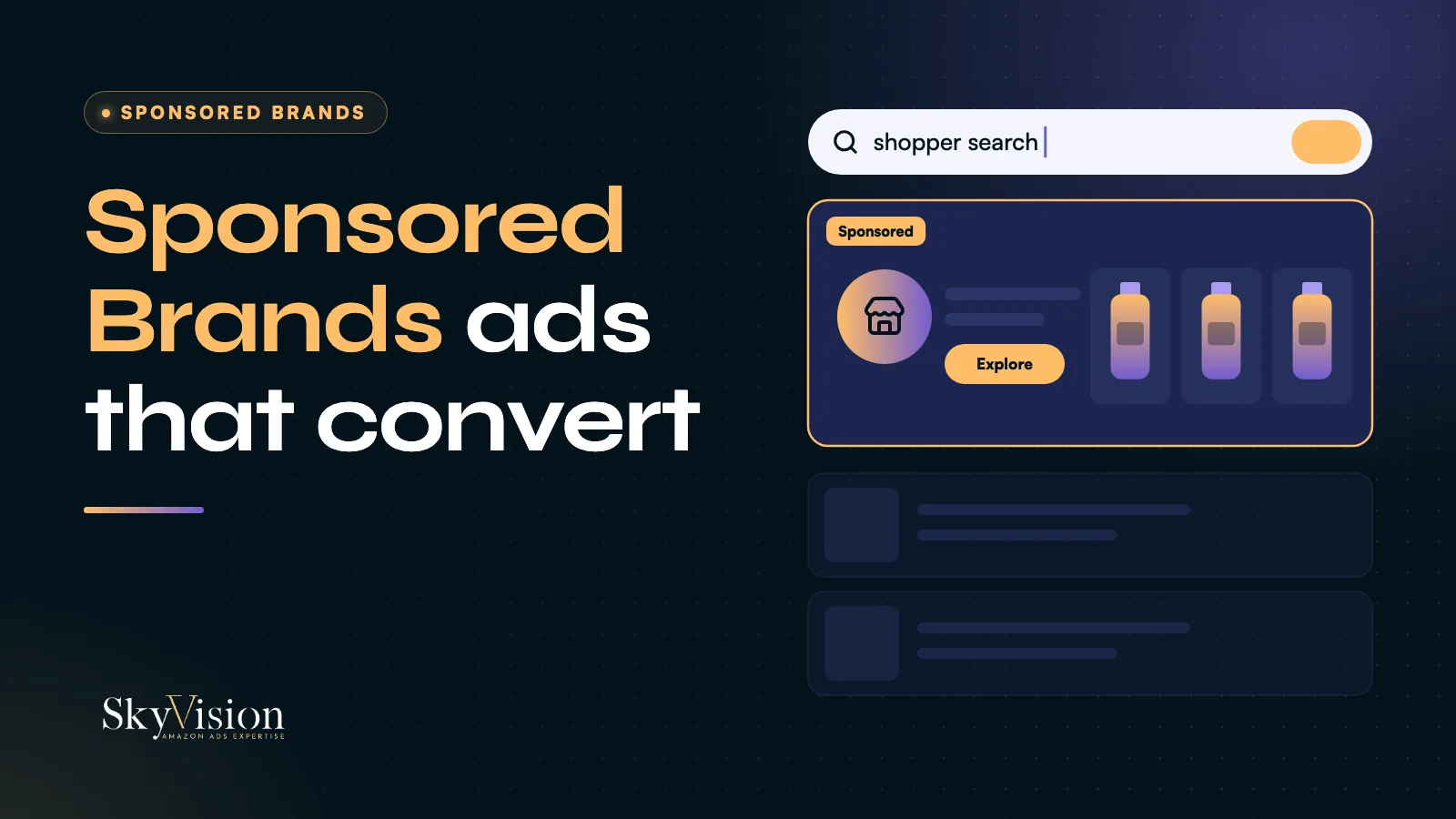Sponsored Brands banner at the top of Amazon results: brand logo, custom tagline and three products