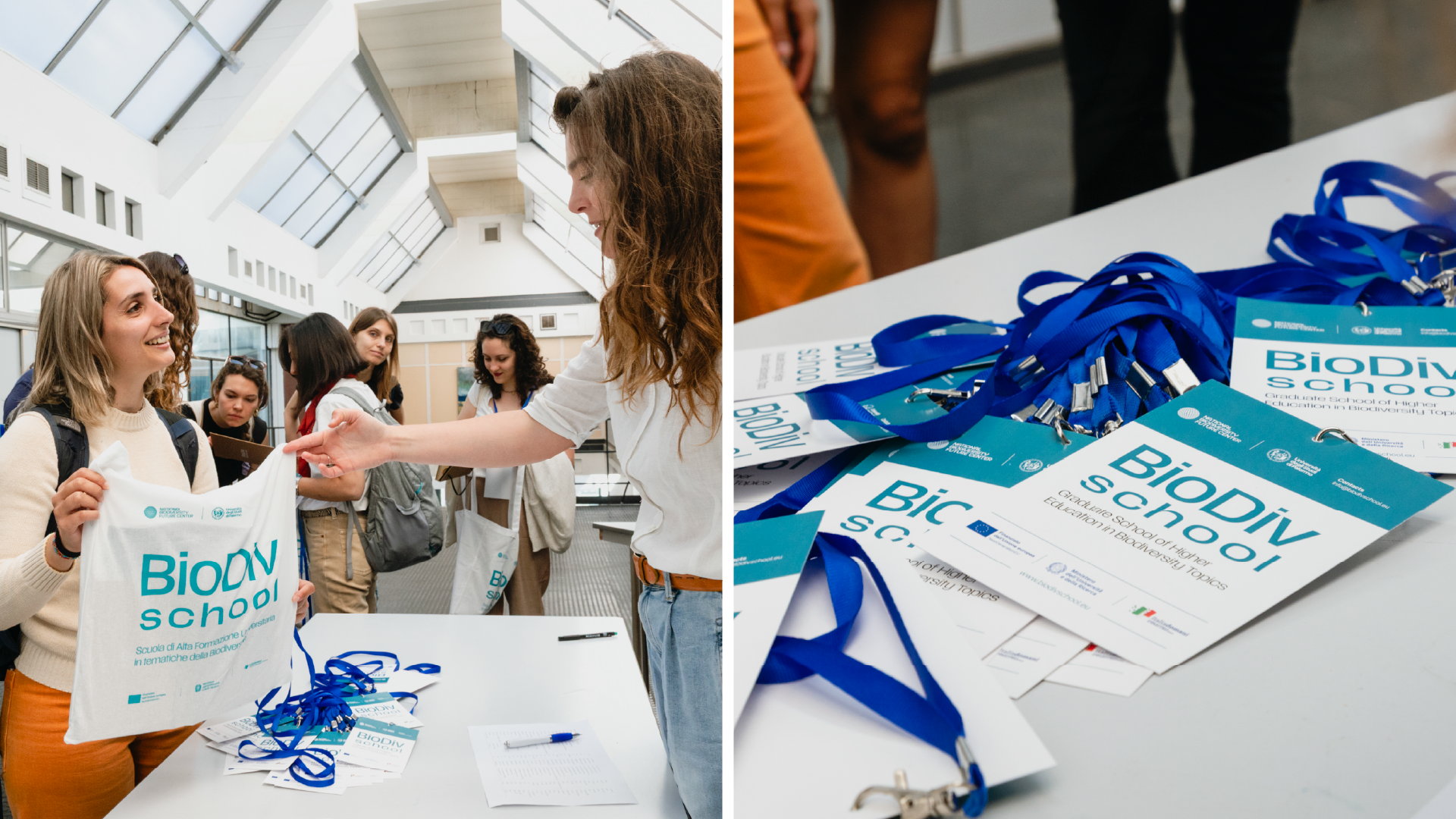 Studentessa con shopper e materiali brandizzati BioDiv School e lanyard blu a un evento, SevenApp