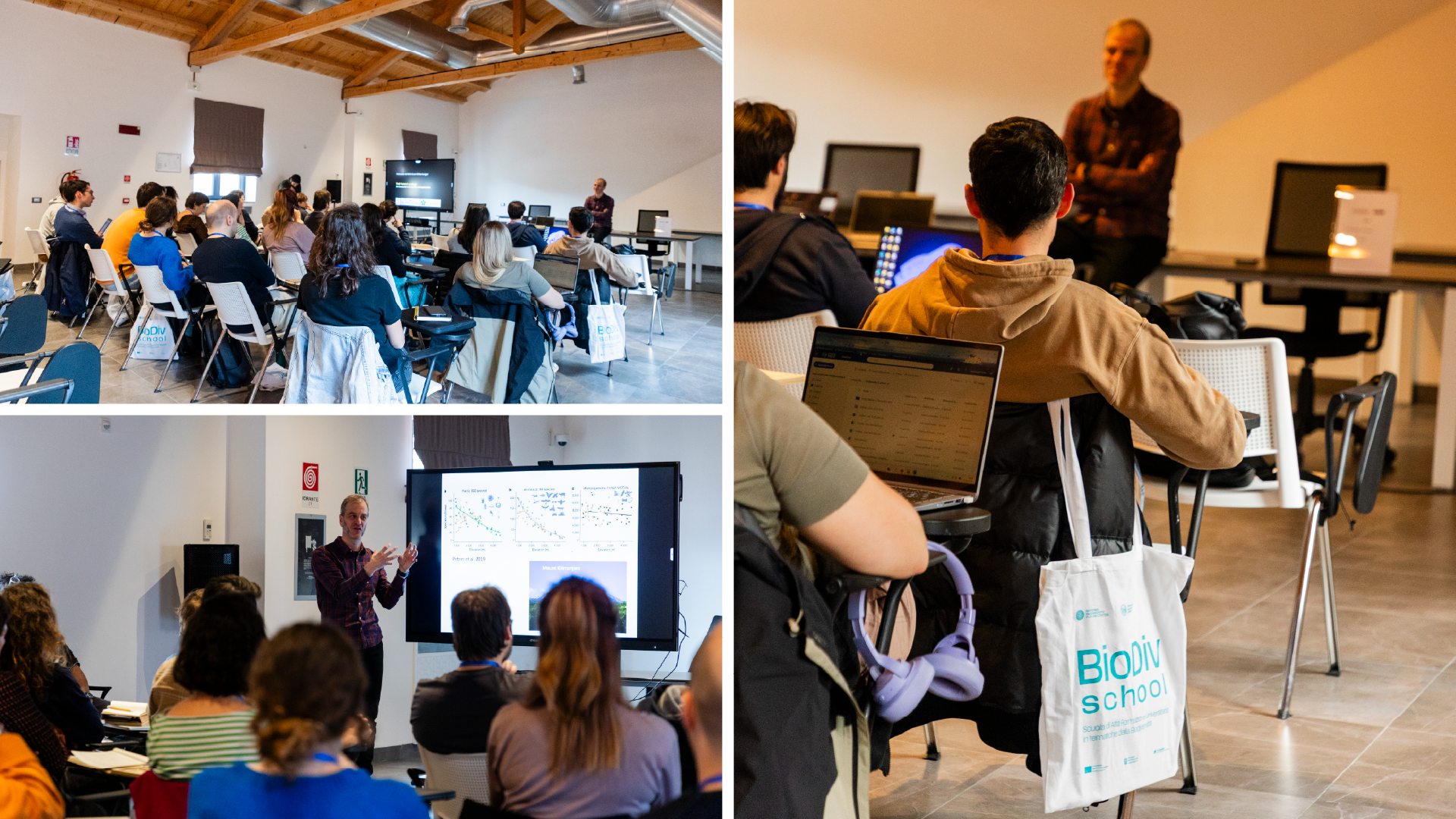 Aula e laboratorio informatico con partecipanti e shopper brandizzata BioDiv School, SevenApp