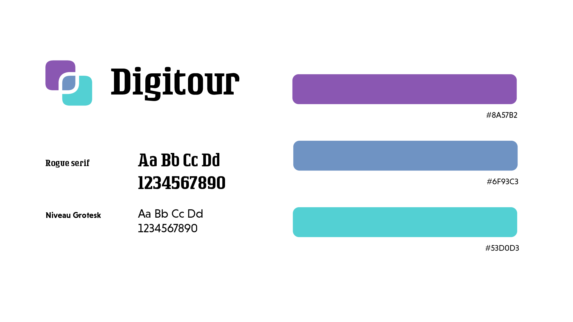 Brand identity Digitour: logo, font serif e grotesk e palette viola, blu e turchese, SevenApp