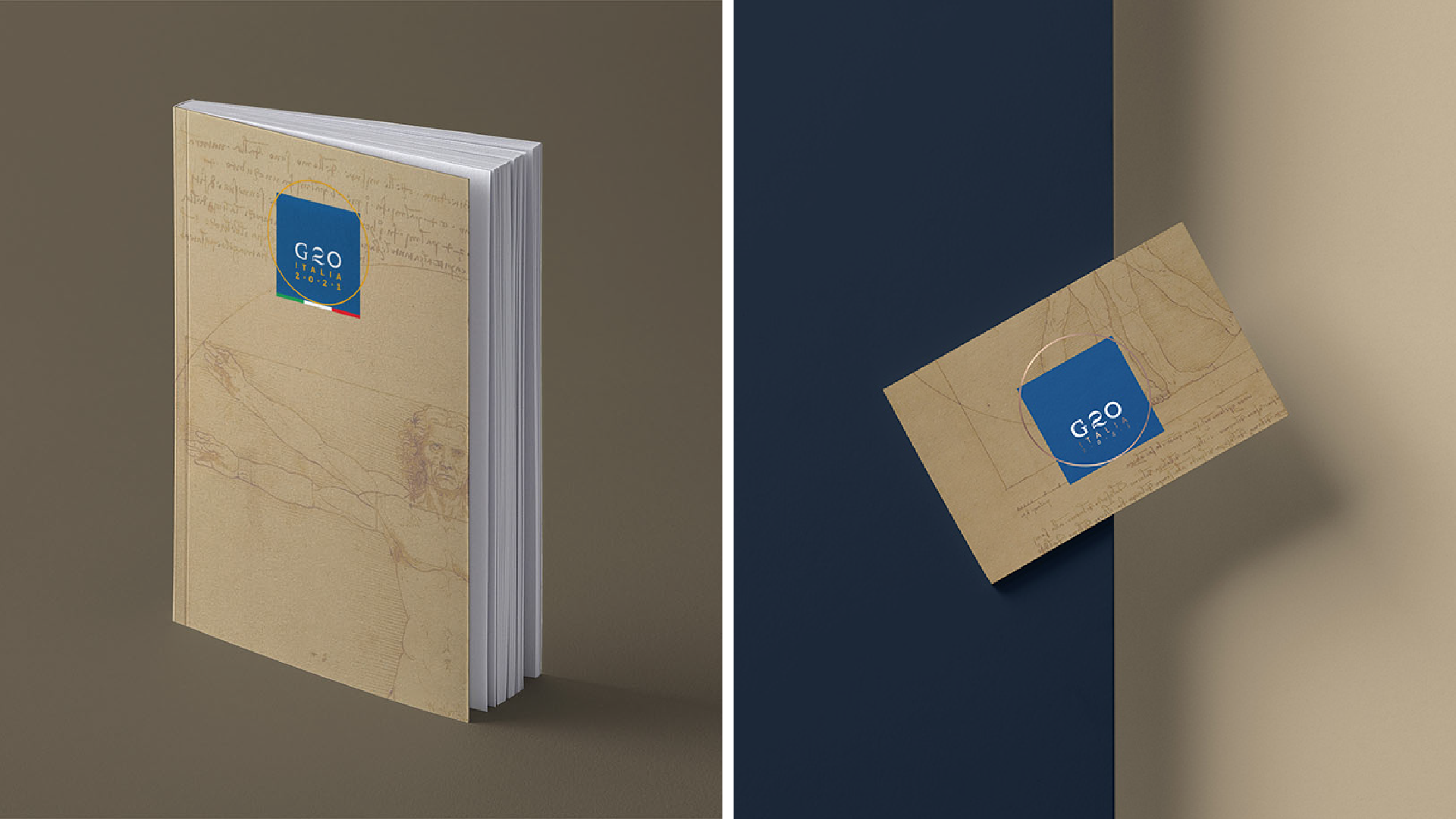 Mockup G20 Italia 2021: brochure e cartolina con texture Uomo Vitruviano e logo blu e oro, SevenApp