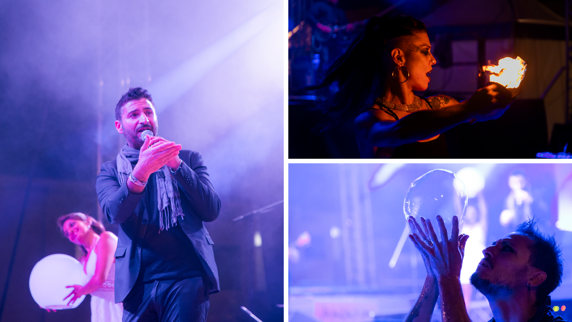 Macaria — Eventi: presentatore al microfono e artisti con sfera luminosa e fuoco sul palco, SevenApp
