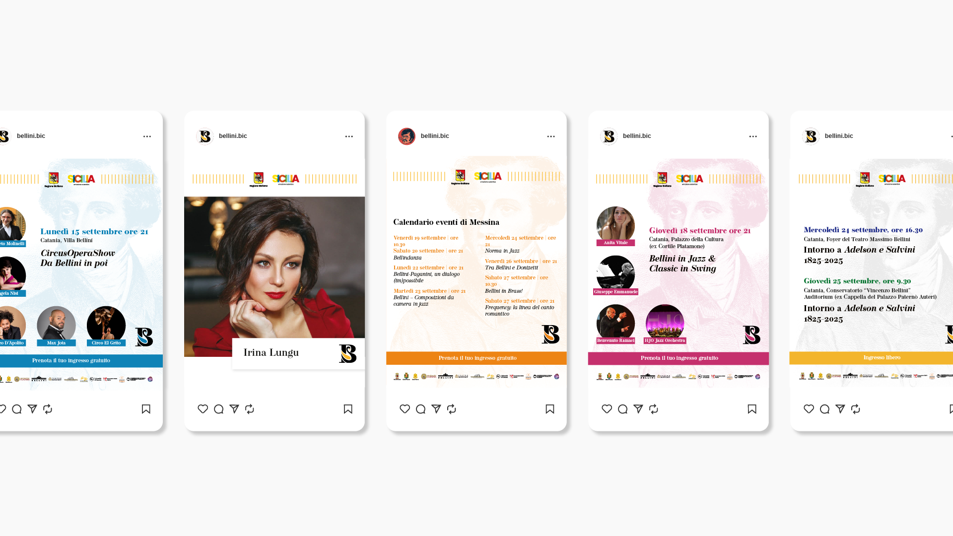 Cinque post Instagram bellini.bic con artisti e calendario eventi, Bellini International Context, SevenApp