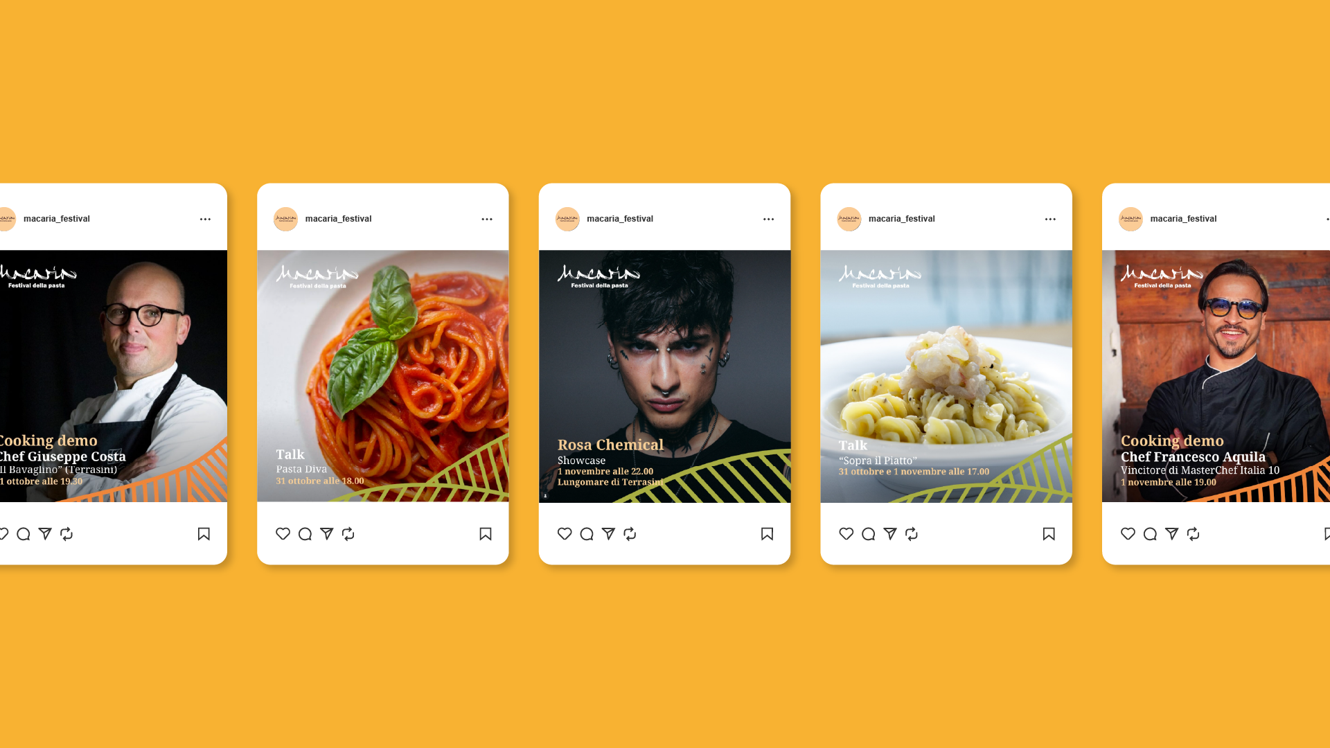 Caroselli Instagram Macaria Festival con chef, piatti di pasta e ospiti del programma, SevenApp