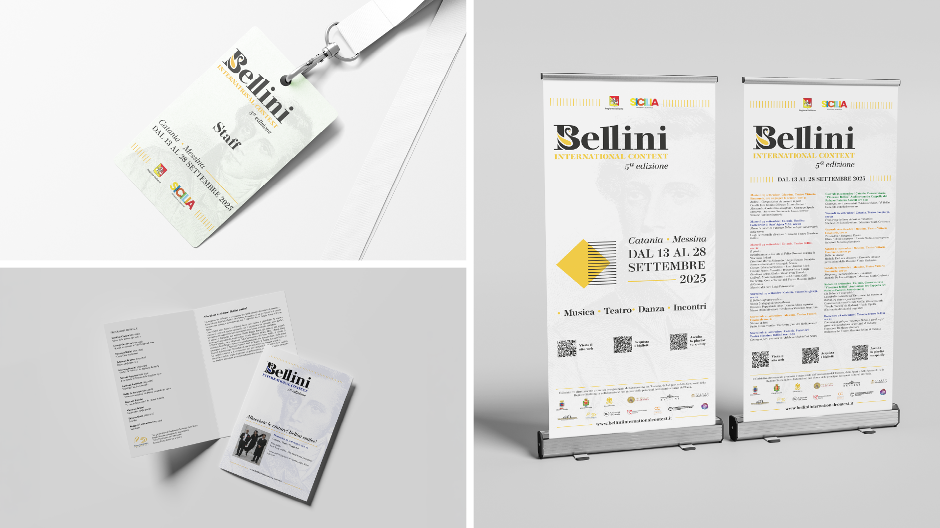 Materiali Bellini International Context: badge staff, brochure e roll-up con programma, SevenApp