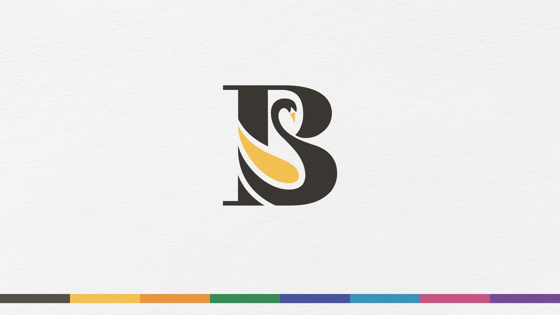 Logo Bellini International Context: monogramma con lettera B e cigno dorato su carta, palette colorata, SevenApp