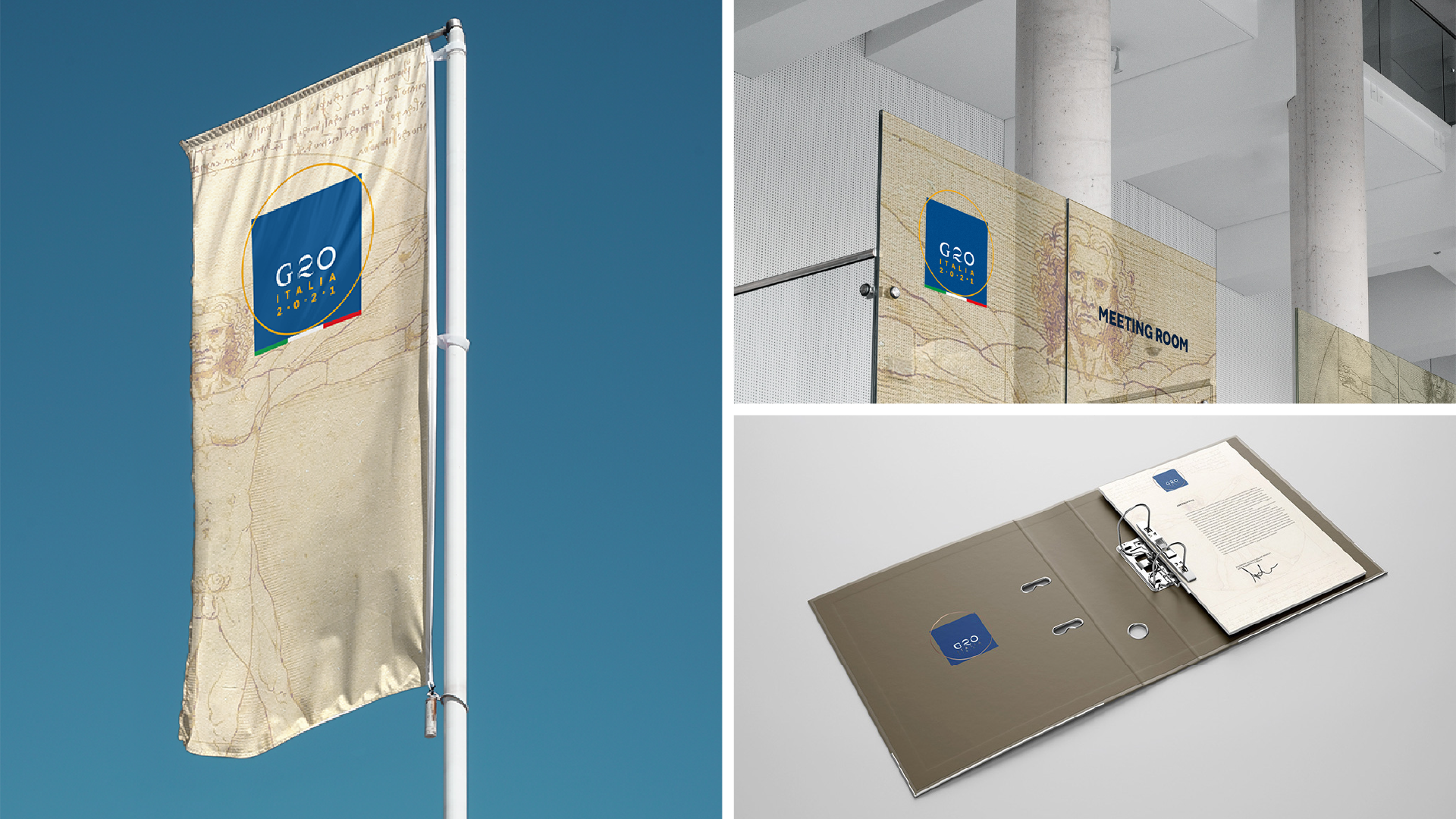 Mockup G20 Italia 2021: bandiera, vetrata Meeting Room e raccoglitore con marchio e Uomo Vitruviano, SevenApp