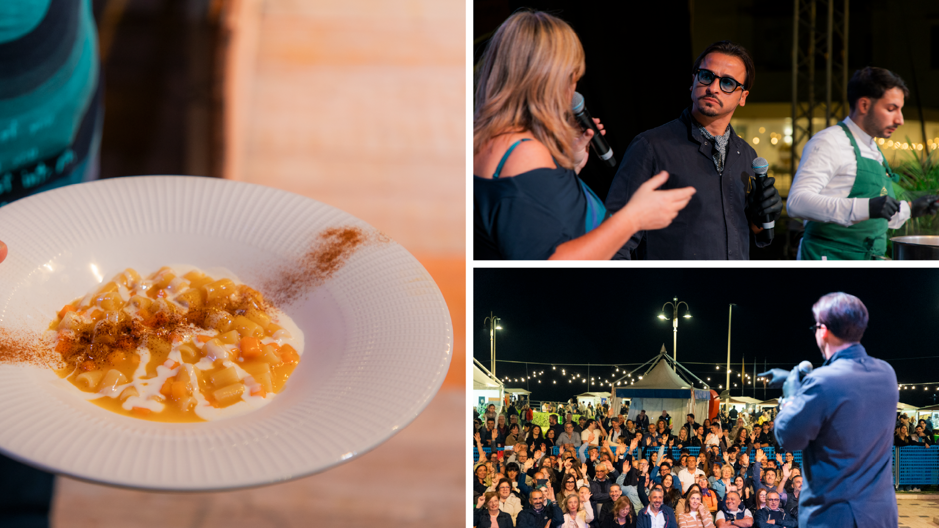 Macaria — Eventi: piatto di pasta, conduttori sul palco e pubblico numeroso in piazza, SevenApp