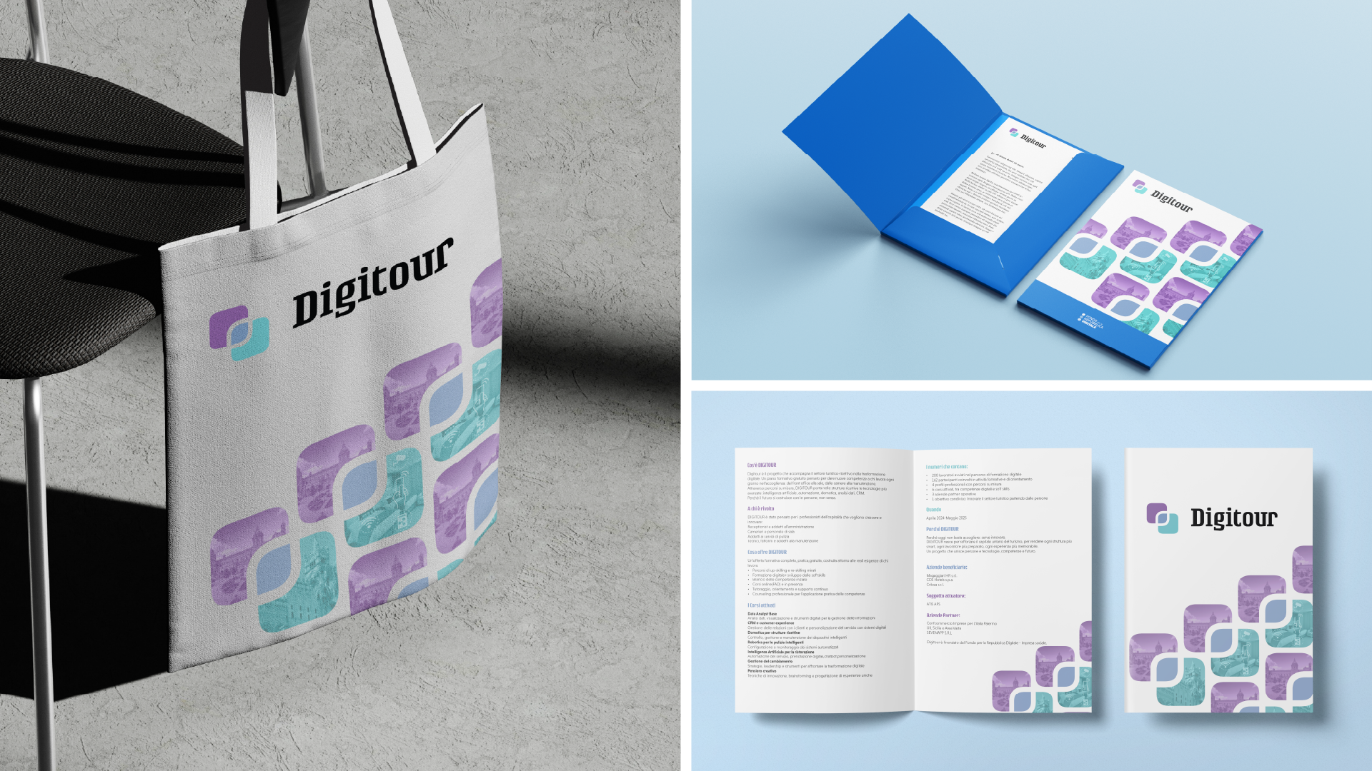 Mockup Digitour: tote bag e brochure con logo e pattern fotografico viola e turchese, SevenApp