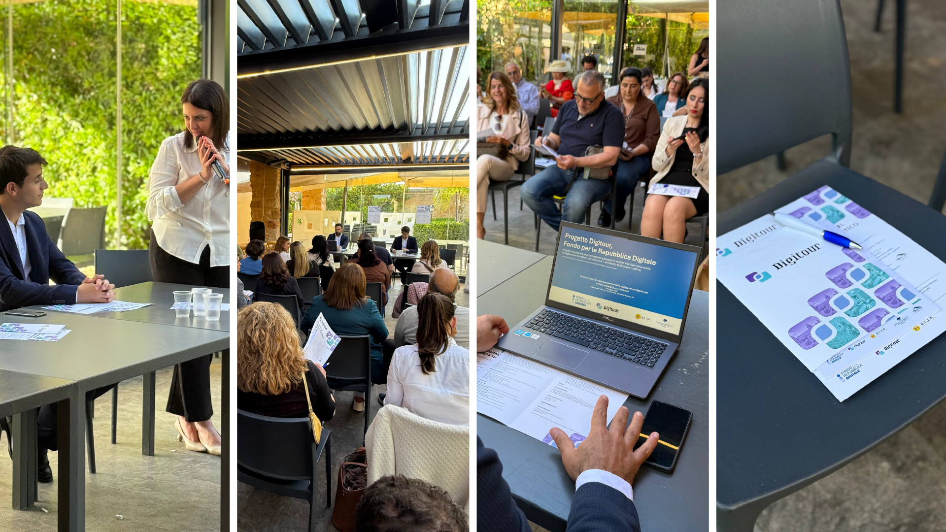 Foto dell'evento Digitour a Palermo: relatori, pubblico, presentazione su laptop e materiali stampati, SevenApp