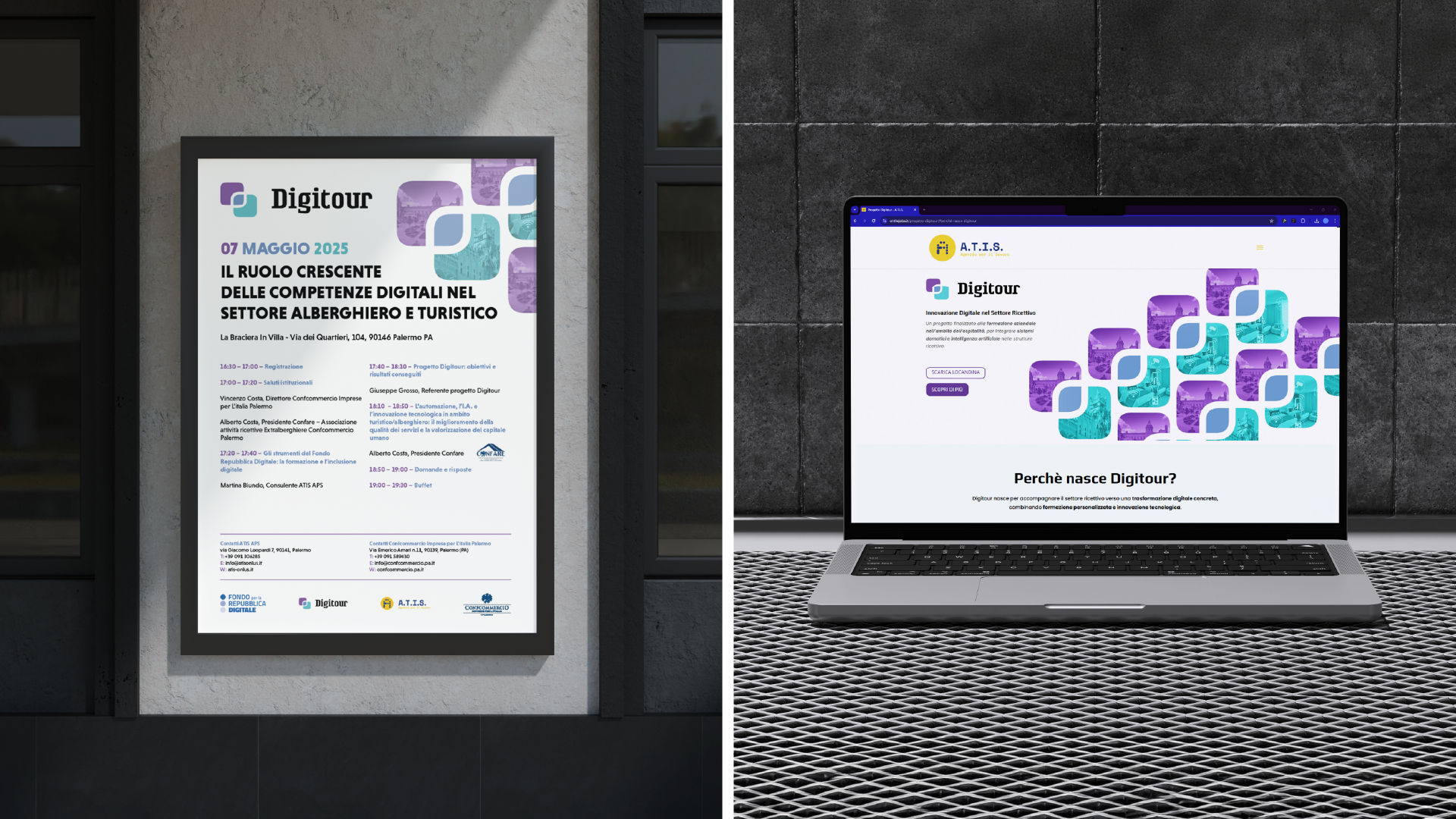 Locandina evento Digitour e sito web del progetto su laptop, settore alberghiero e turistico, SevenApp