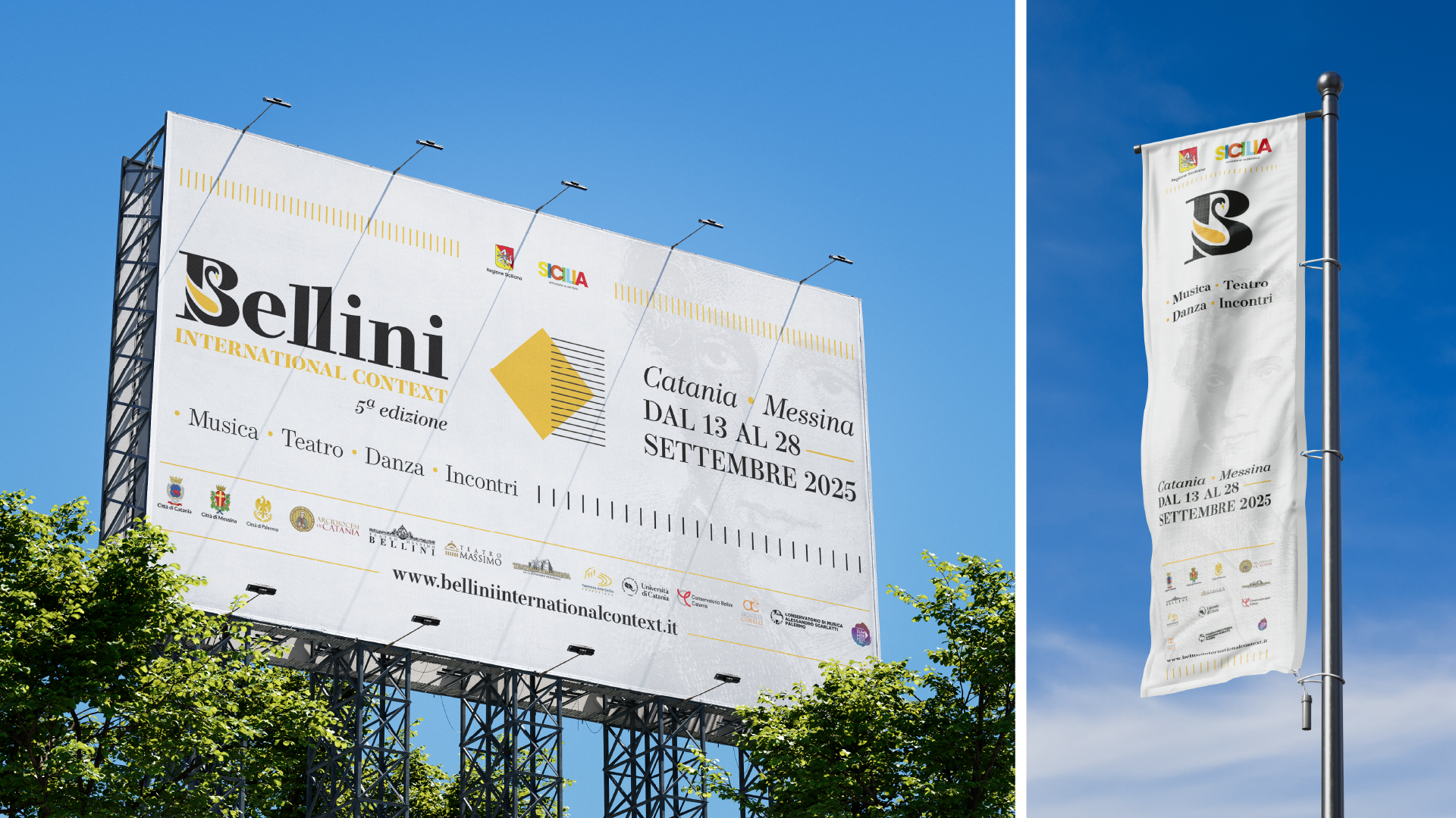 Maxi affissione e bandiera Bellini International Context su cielo azzurro, campagna media, SevenApp