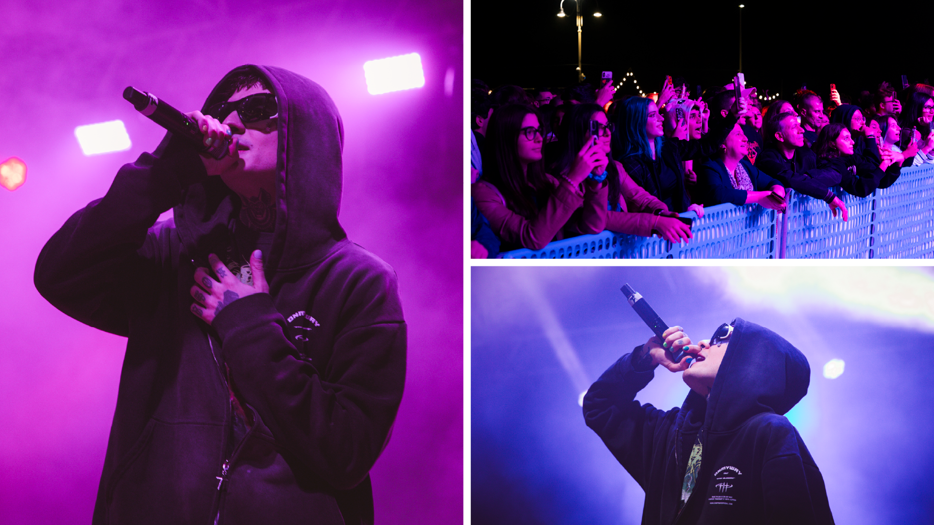 Macaria — Eventi: rapper con cappuccio al microfono e pubblico al concerto serale, SevenApp
