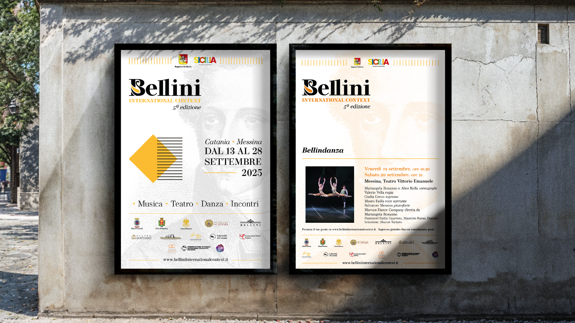 Manifesti Bellini International Context affissi su muro: locandina evento e programma Bellindanza, SevenApp