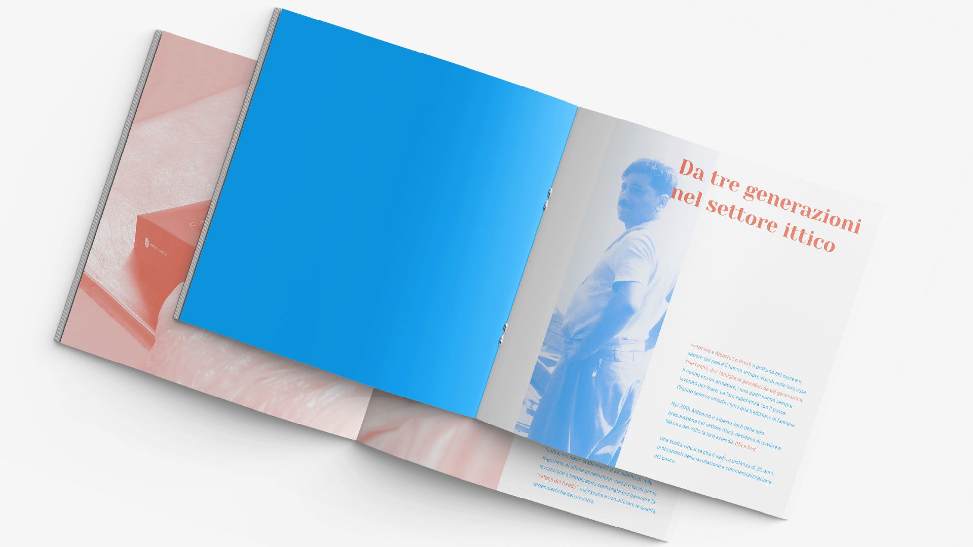Mockup brochure corporate Ittica Sud con ritratto in duotone, progetto Cluster USA, SevenApp