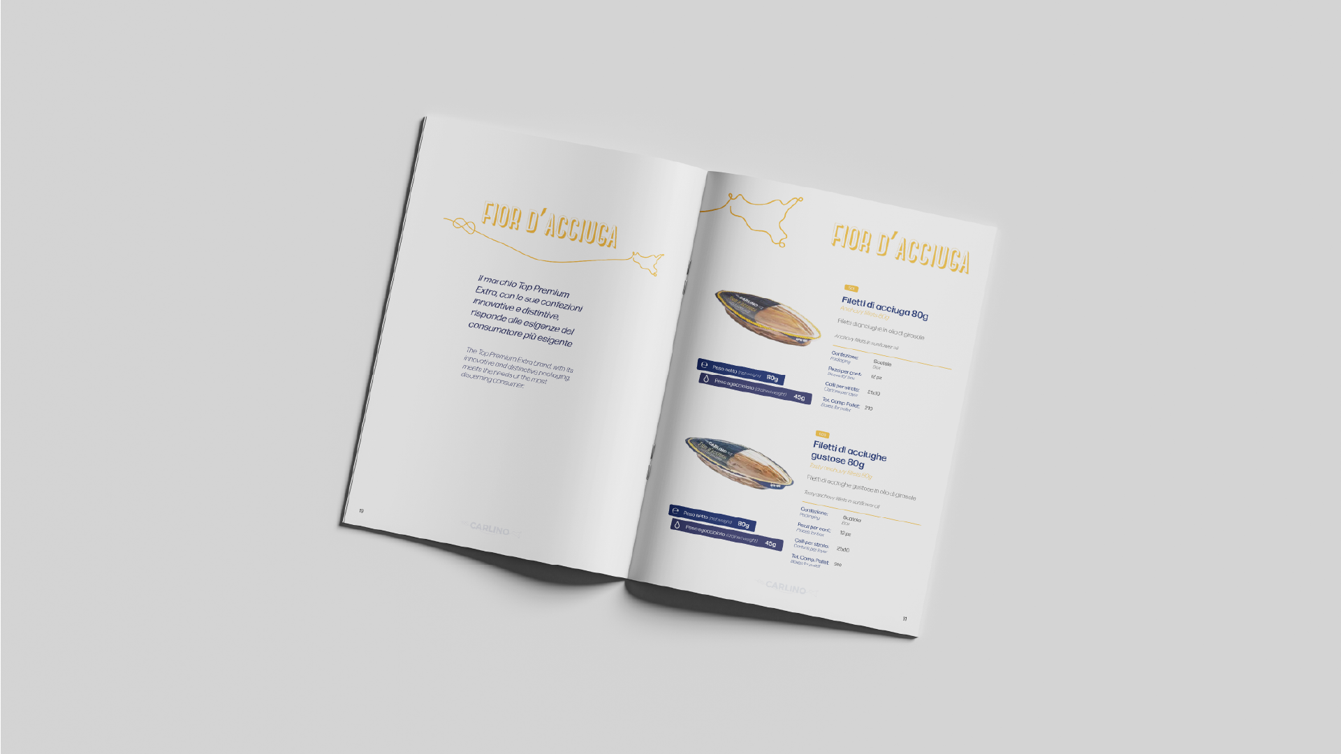 Pagine catalogo Carlino "Fior d'Acciuga" con mockup packaging e schede filetti, Cluster USA, SevenApp