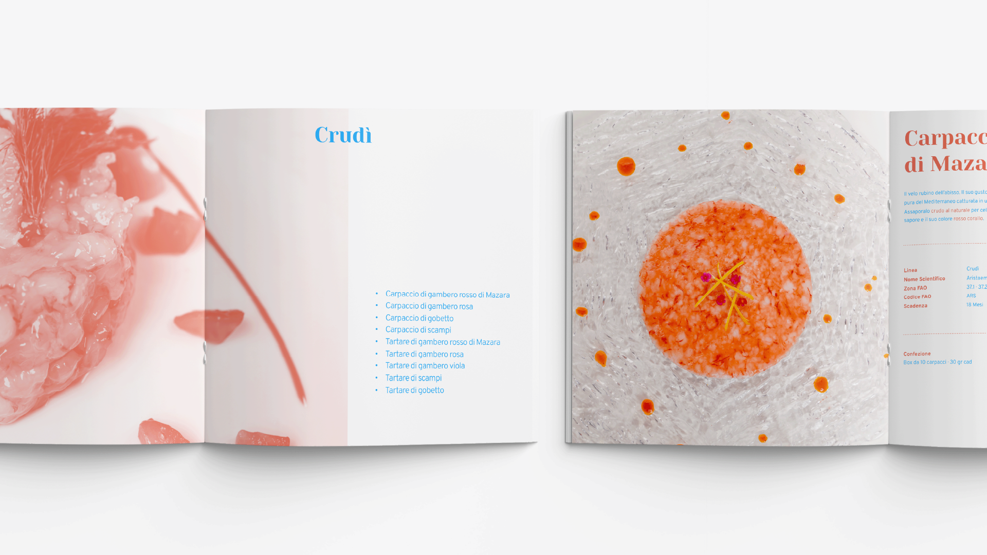 Pagine catalogo Crudì con carpacci e tartare e foto carpaccio di gambero di Mazara, Cluster USA, SevenApp