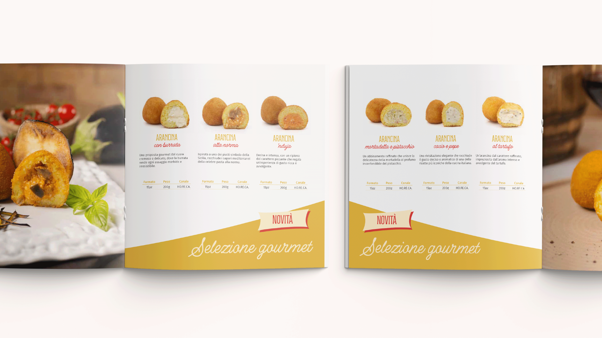 Catalogo "Selezione gourmet" con arancine ripiene e schede prodotto, progetto Cluster USA, SevenApp
