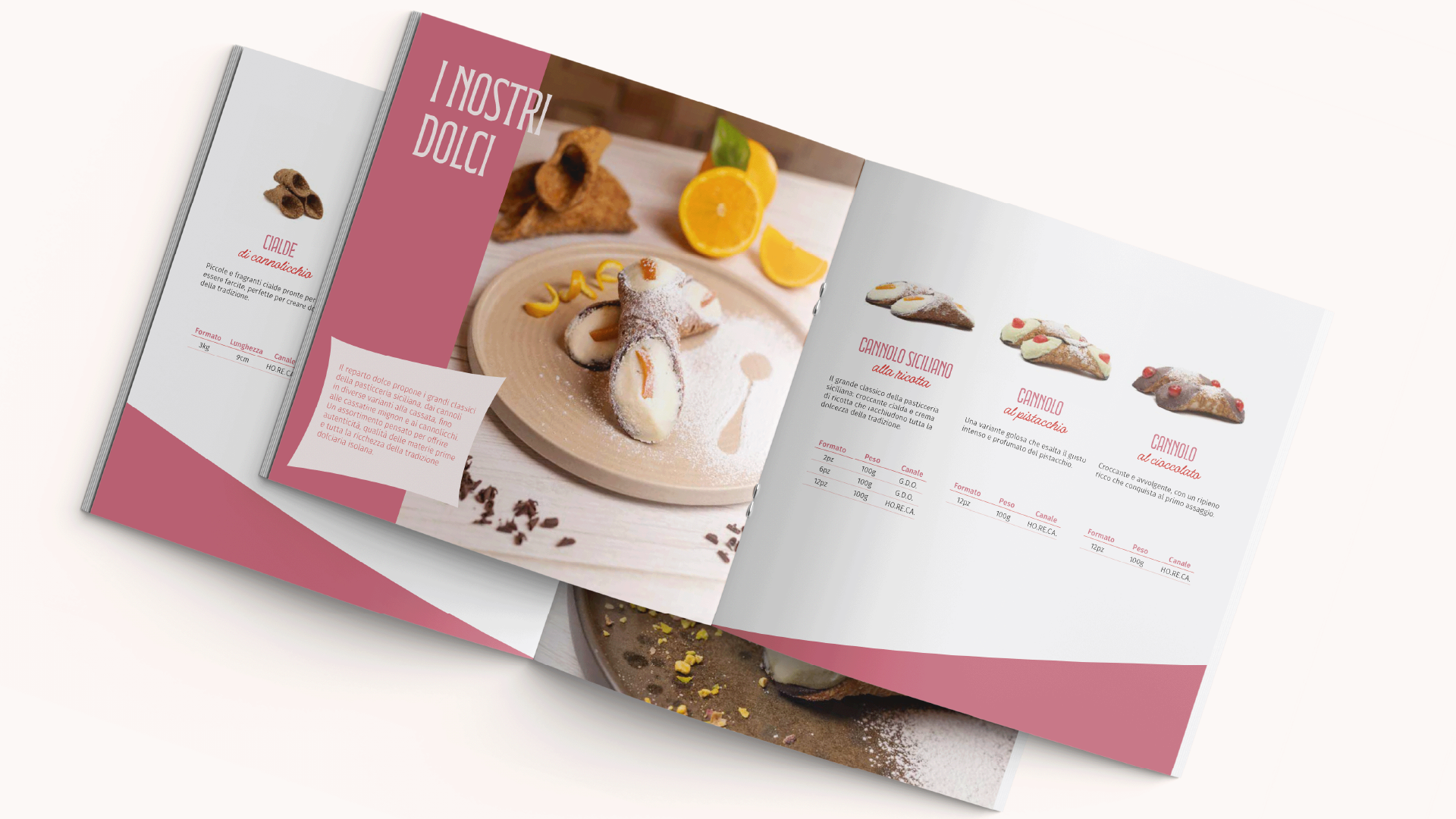 Pagine catalogo "I nostri dolci" con cannoli siciliani fotografati e schede prodotto, Cluster USA, SevenApp