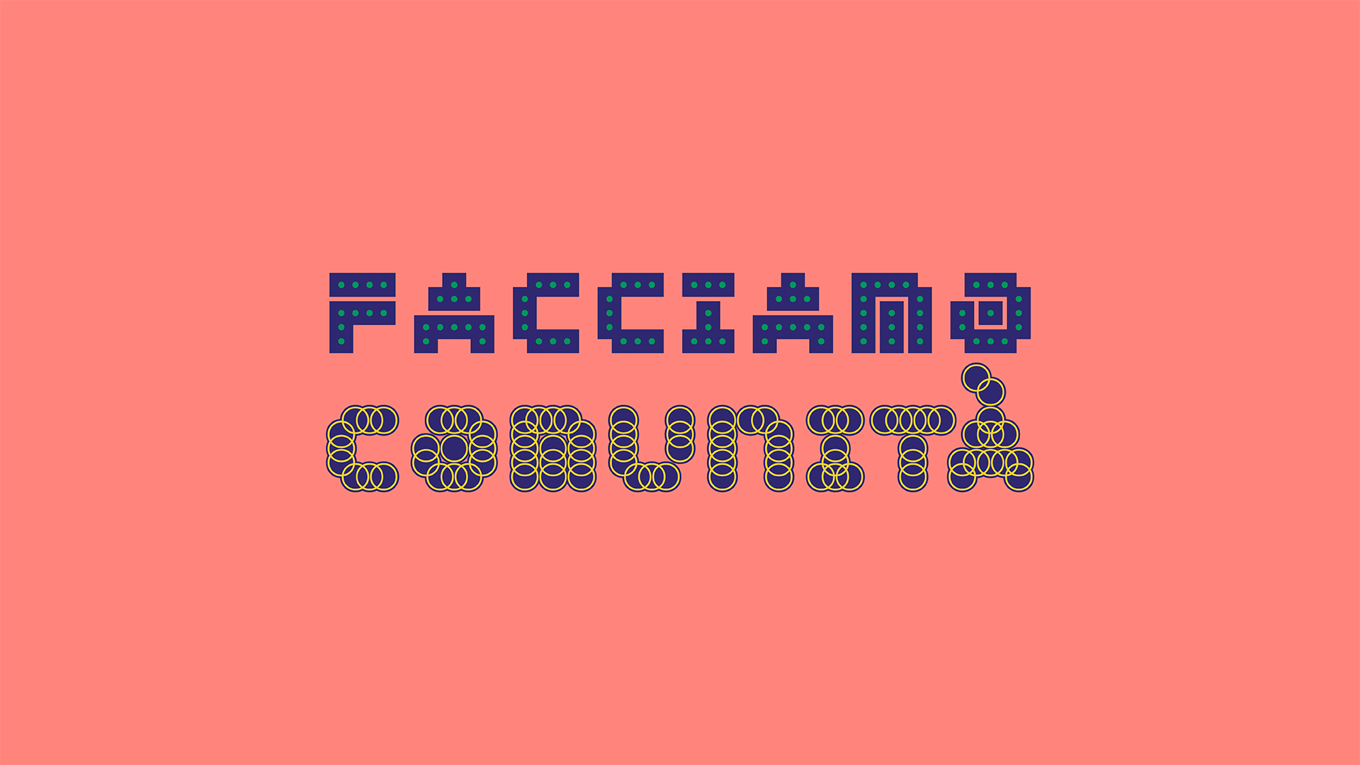 Logo animato Facciamo Comunità, lettering blu con pattern a pois e cerchi su fondo corallo, SevenApp