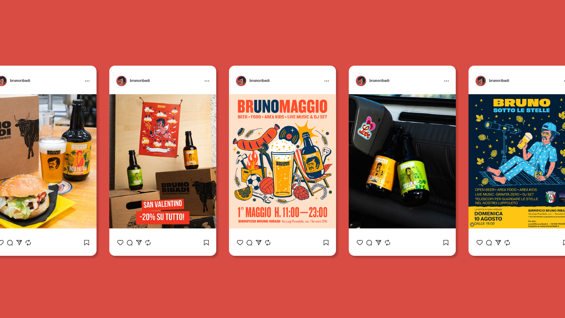 Mockup di post Instagram Bruno Ribadi: foto prodotto, locandine BrunoMaggio e Sotto le Stelle, SevenApp