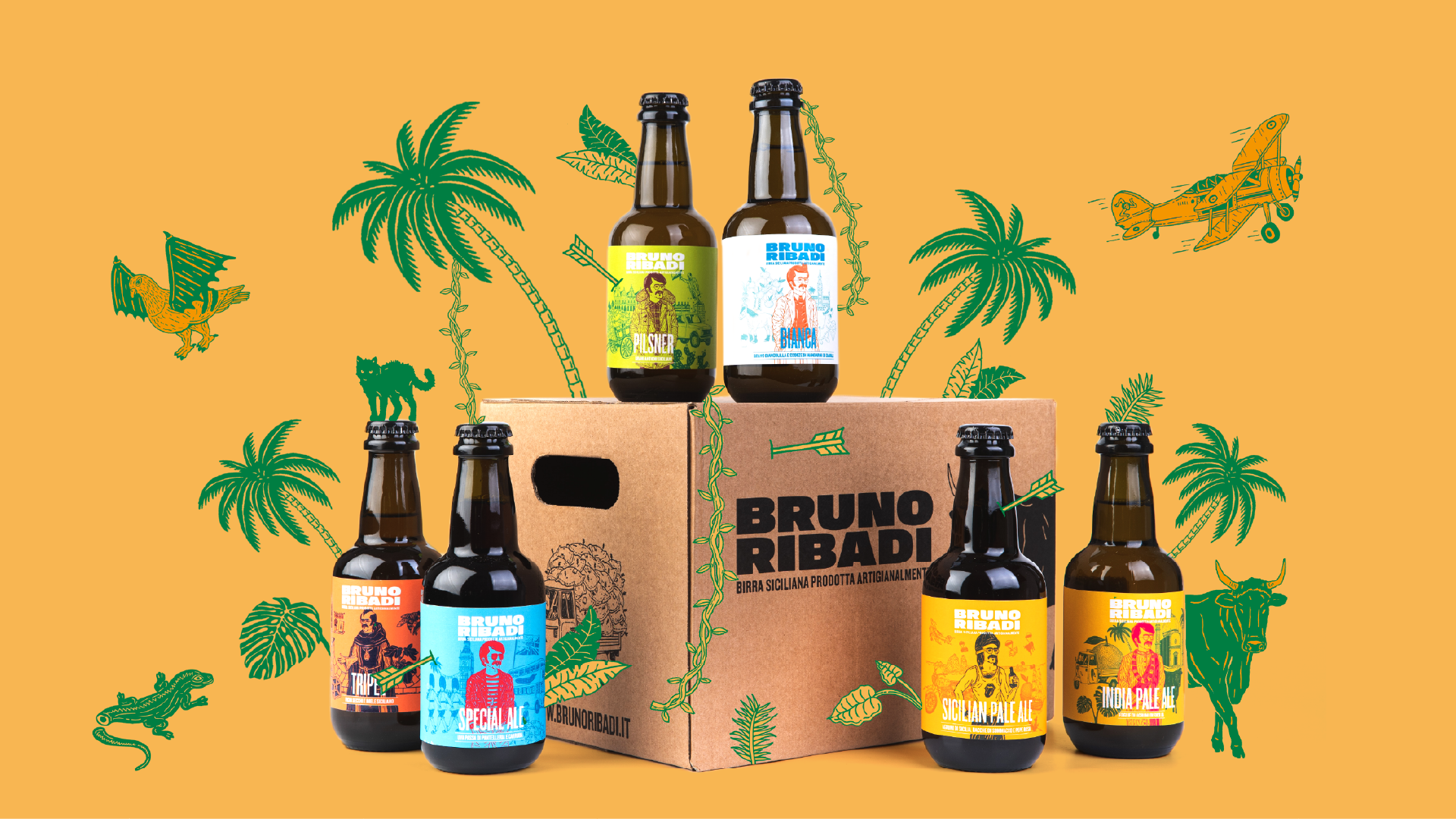 Packaging Bruno Ribadi: sei bottiglie di birra e scatola brandizzata su sfondo arancio illustrato, SevenApp