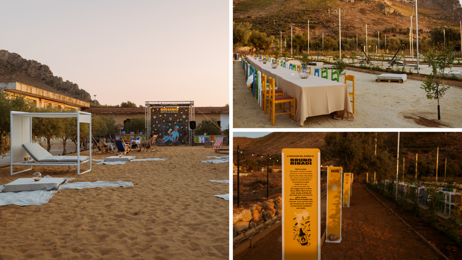 Allestimento evento Bruno Sotto le Stelle al birrificio: palco, tavolata e totem gialli al tramonto, SevenApp