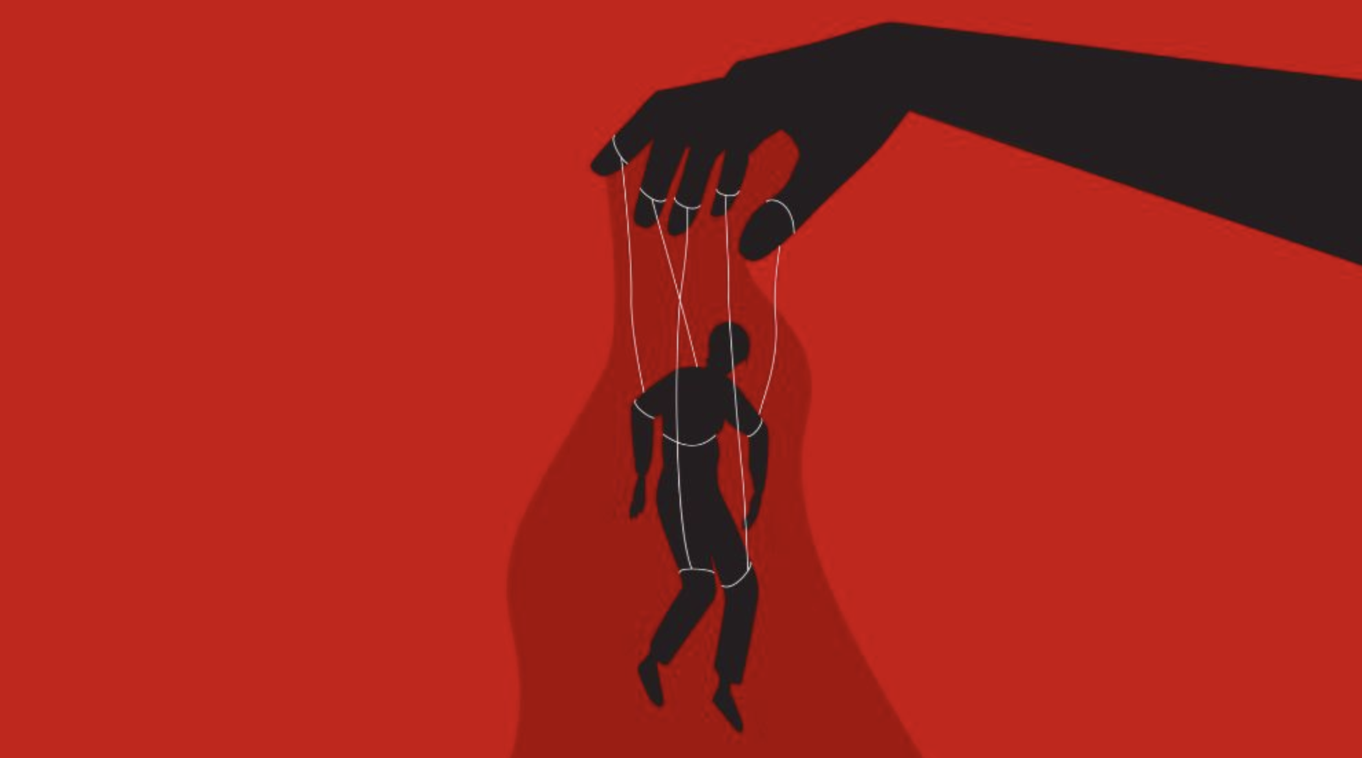 animation reflétant la manipulation, une main manoeuvre les geste d'une personne en dessous d'elle par des fils dans lesquels cette dernière est totalement prise