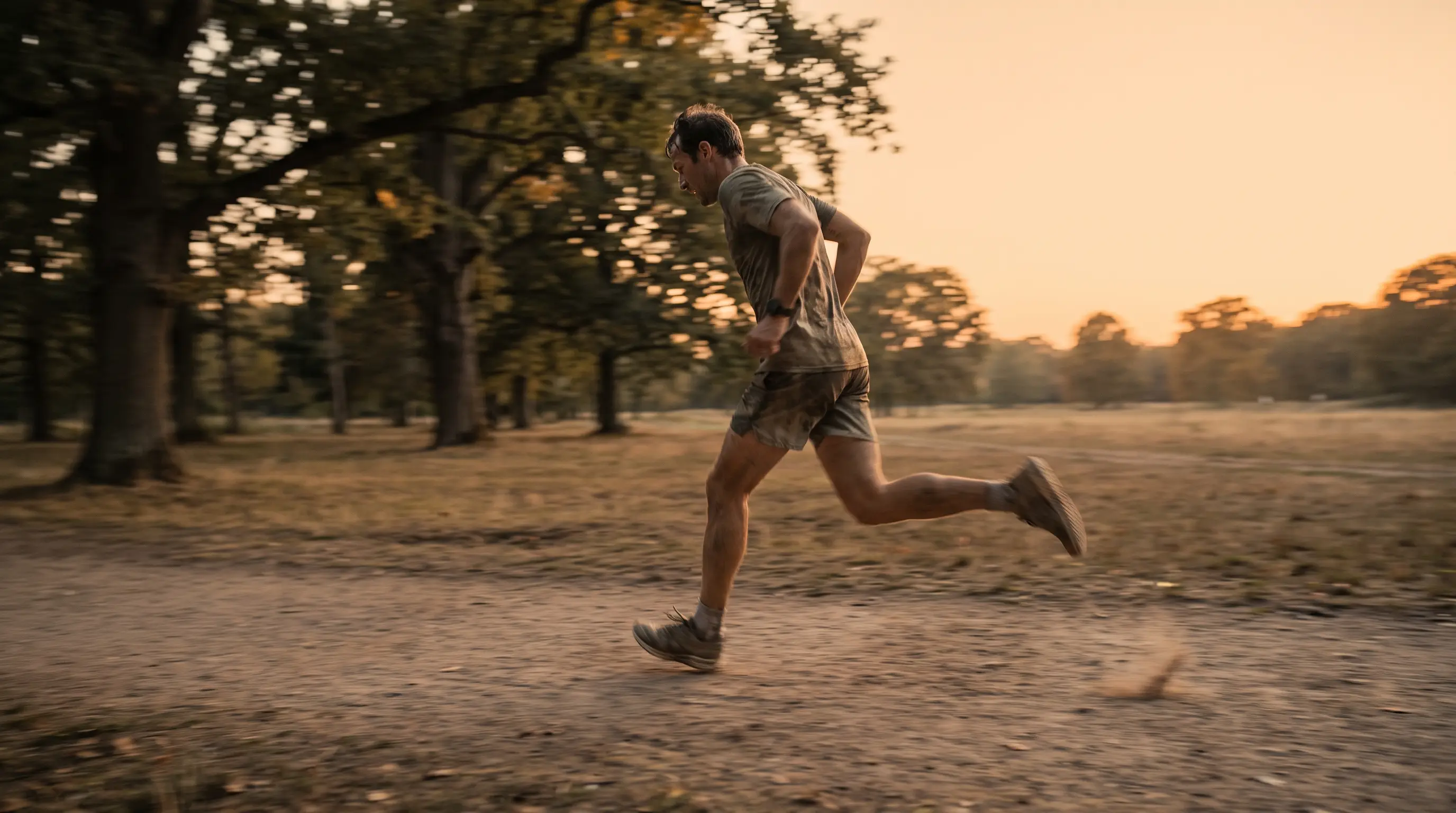 A runner sprinting along a park path at golden hour