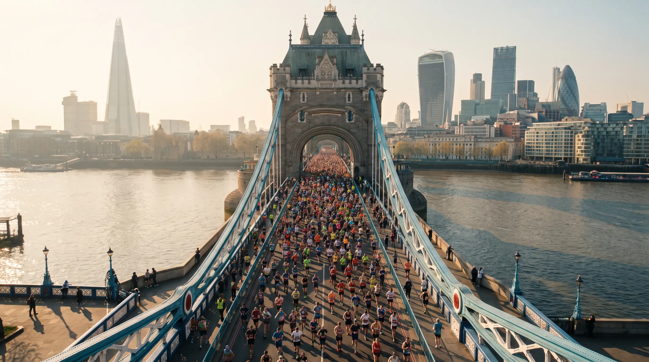 A mass of marathon runners crossing Tower Bridge in London