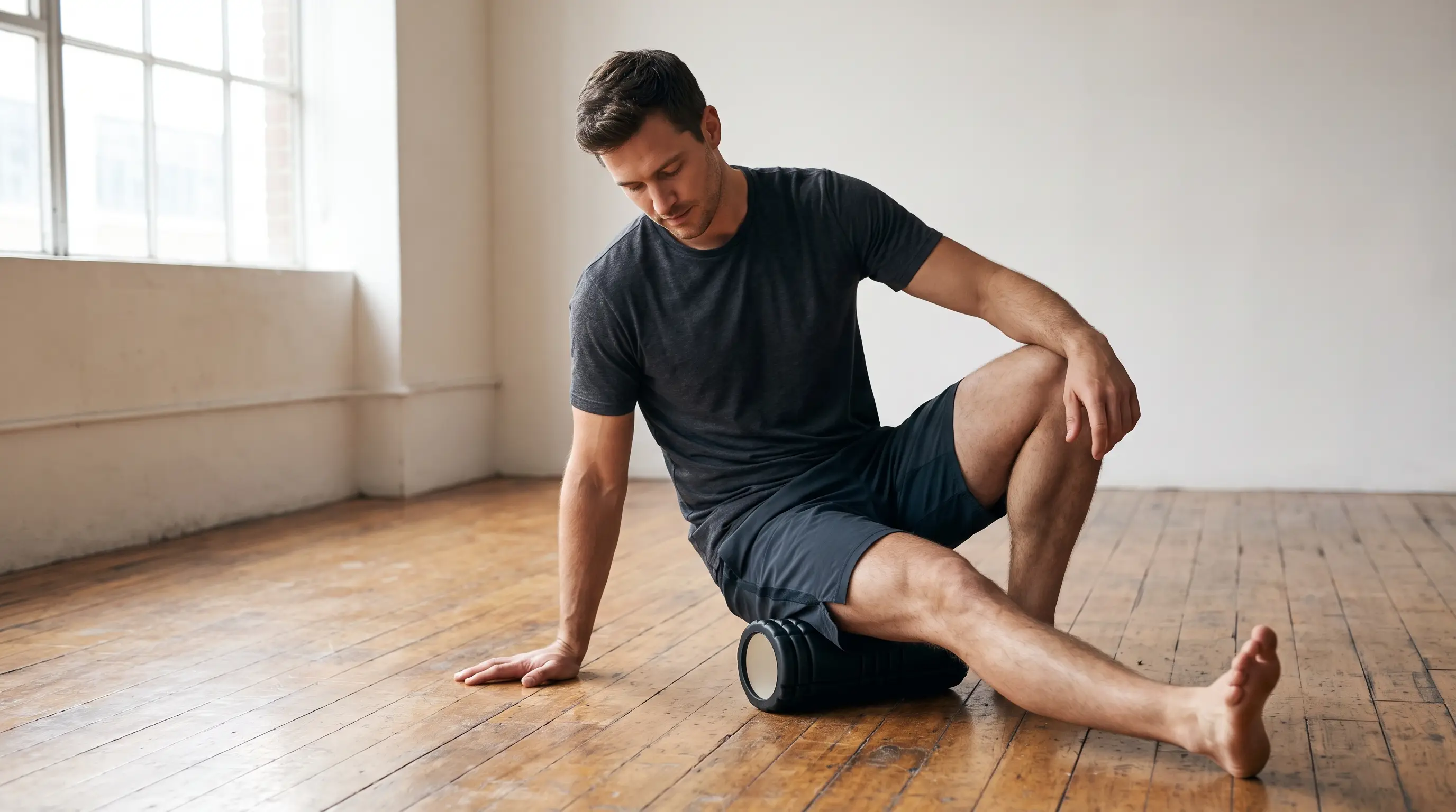 A man foam rolling his thigh on a wooden studio floor to ease muscle soreness