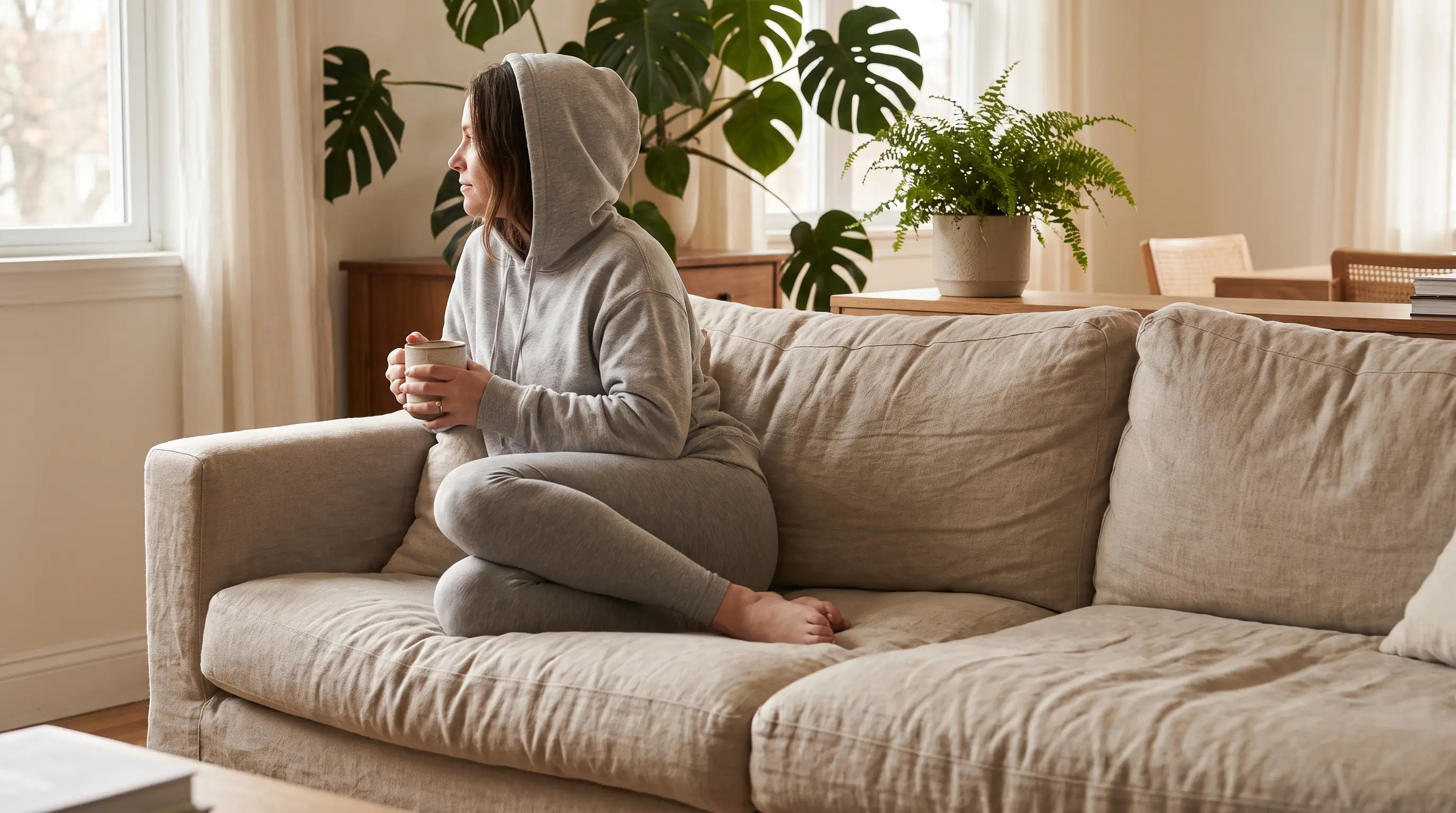 A person relaxing on a sofa at home with a warm drink on a rest day