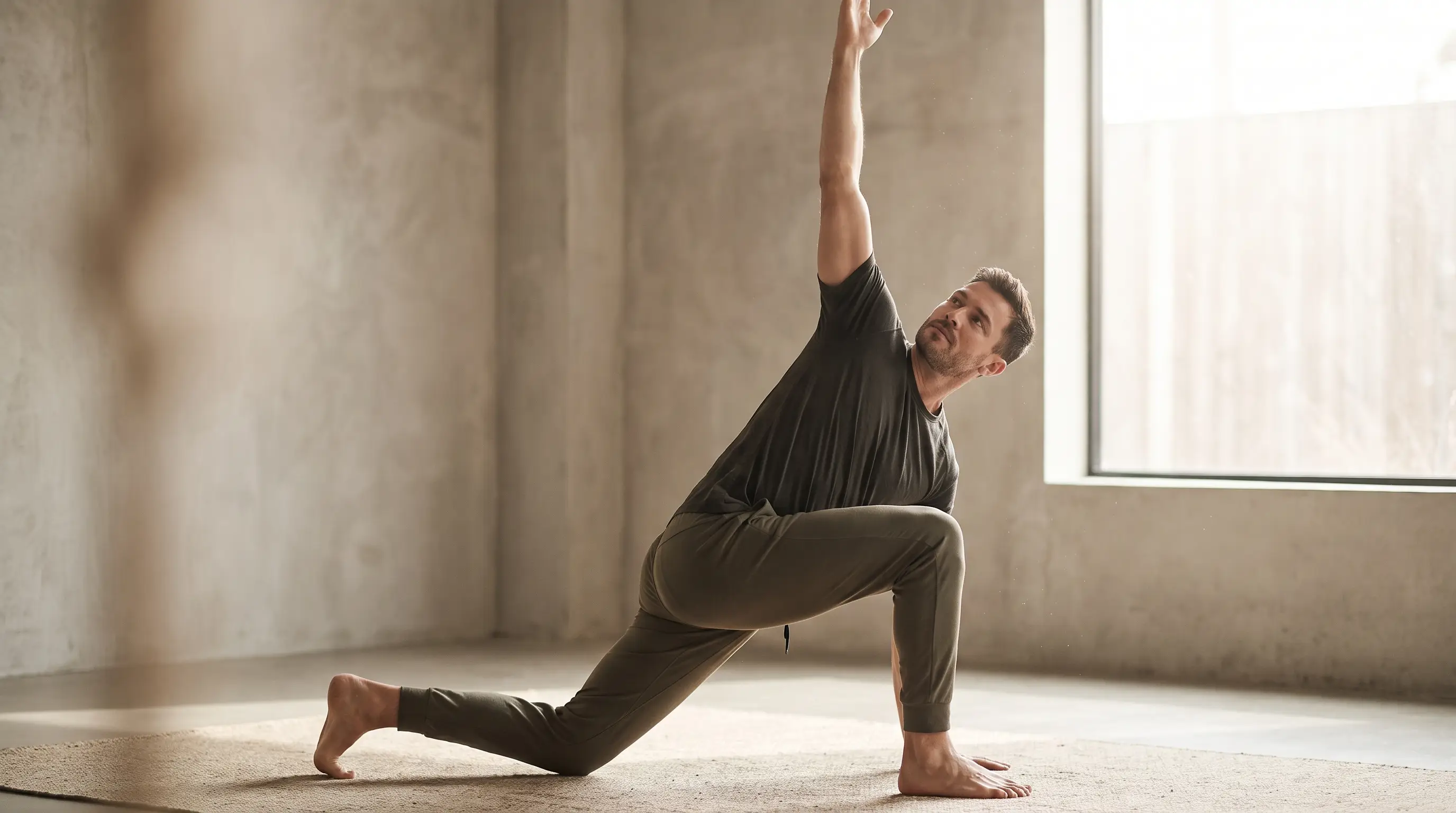 A man performing a deep mobility lunge with a spinal rotation on a mat