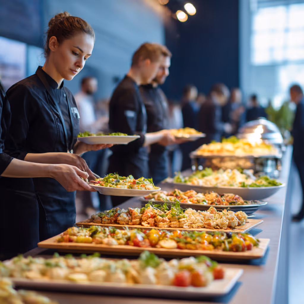 Professional catering staff serving gourmet buffet dishes at a corporate event, with an elegant food presentation and a modern indoor venue in the background.