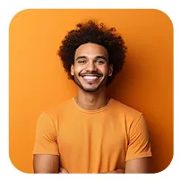Man in orange shirt smiling