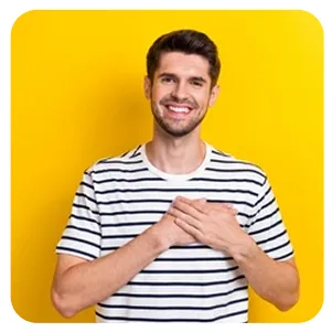 Man in white-blue shirt smiling