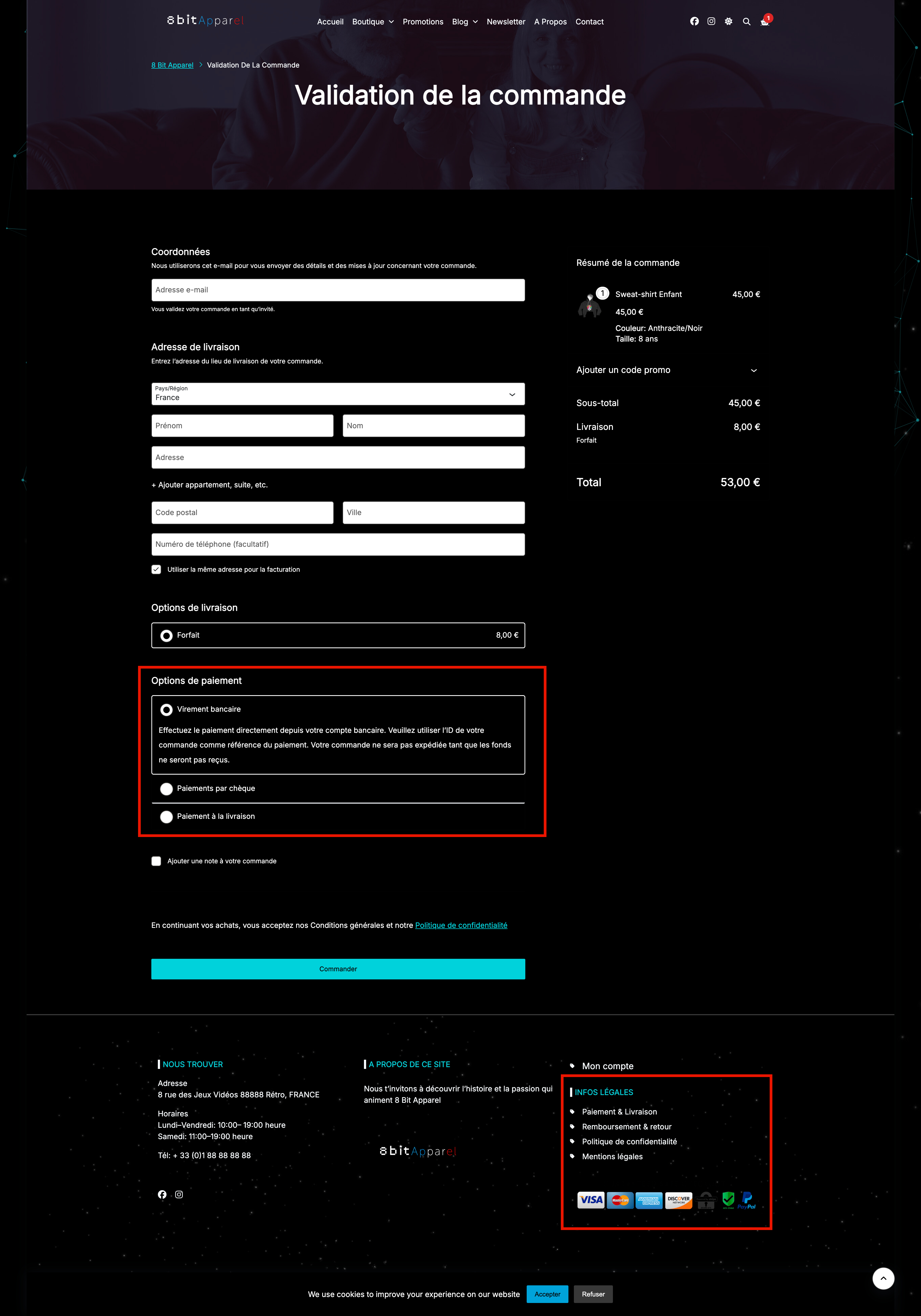 Sotutions de paiement Woocommerce pour un site WordPress de vente de vêtement de jeux vidéo rétro.