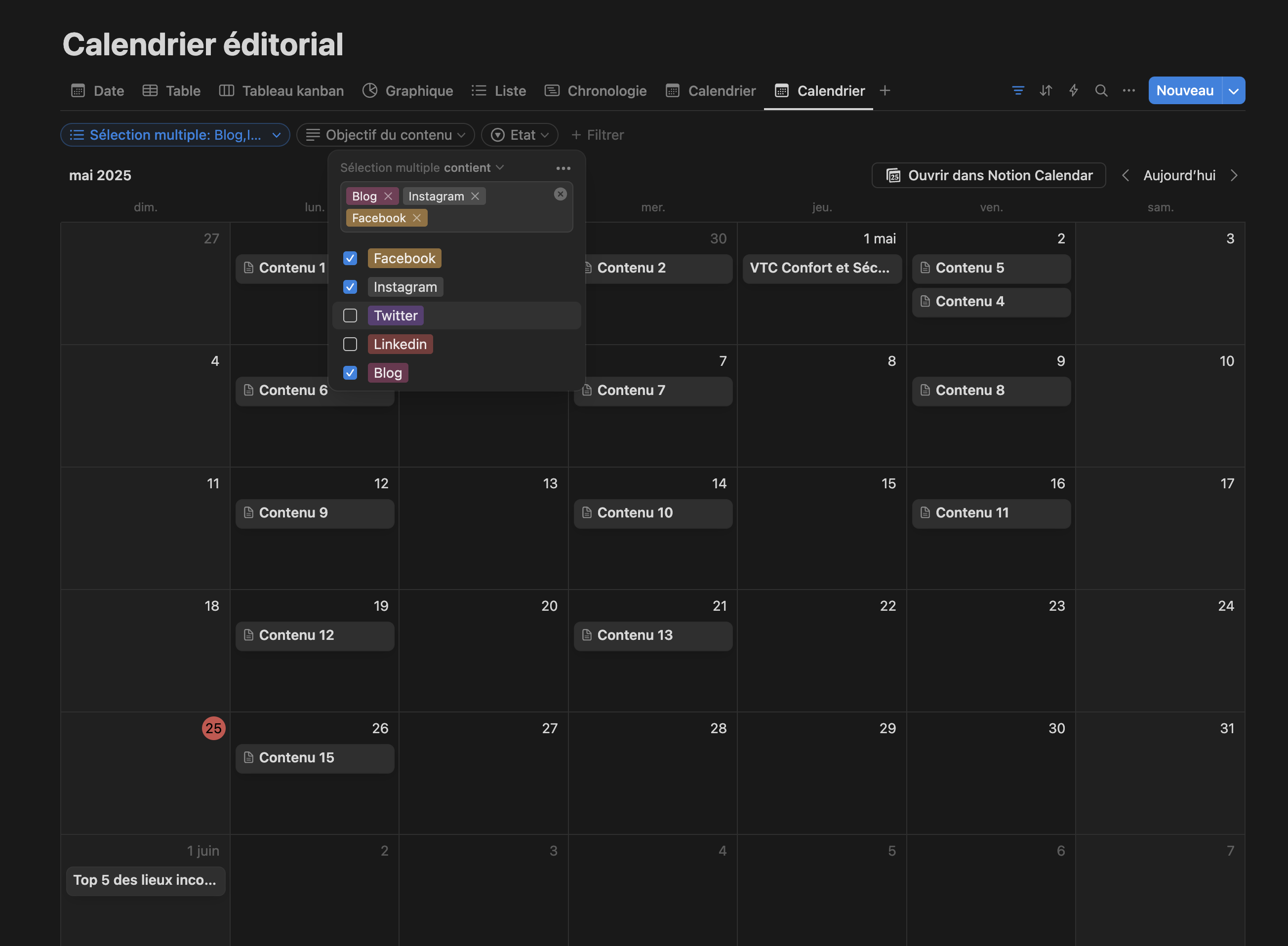 Calendrier éditorial pour le webmarketing sur les réseaux sociaux Facebook, Instagram et Blog.