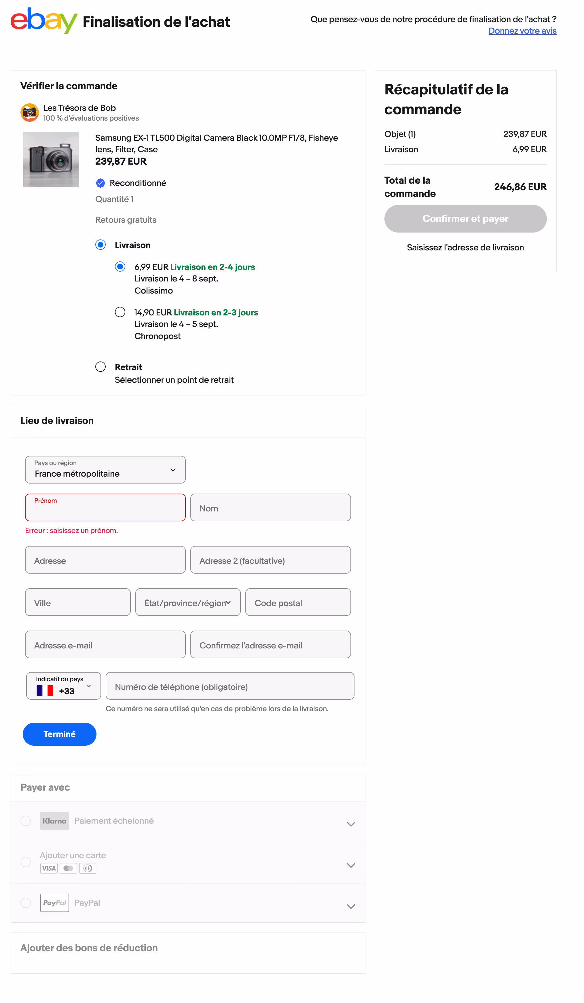 Finalisation de l'achat sur Ebay