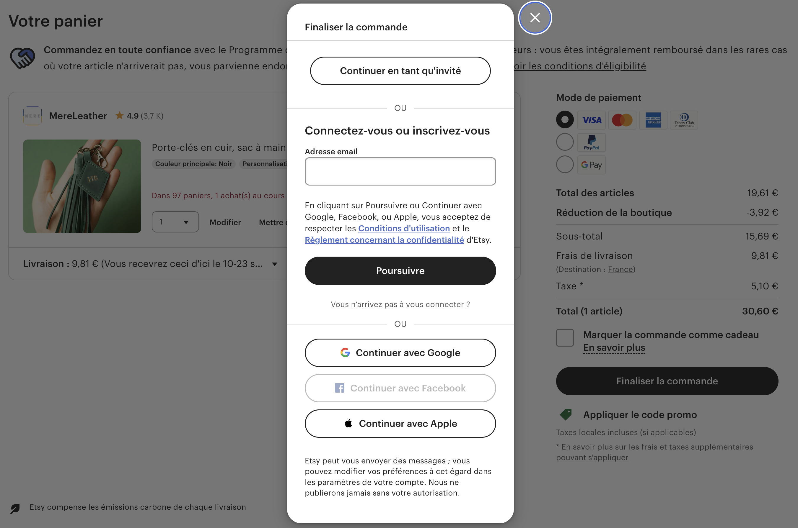 Formulaire de finalisation de la commande sur le site e-commerce Etsy