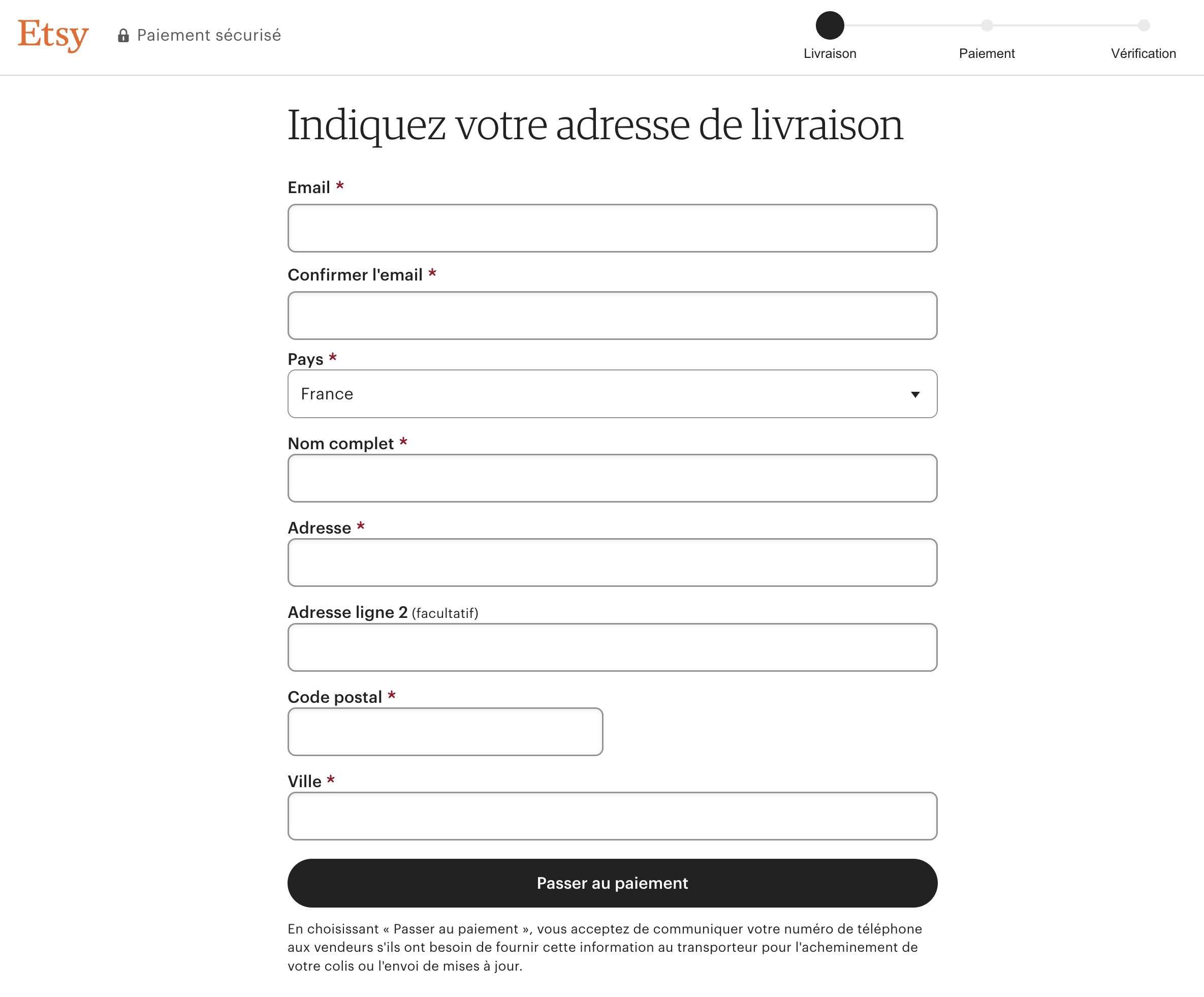 Processus de paiement d'une commande sur la boutique en ligne Etsy.