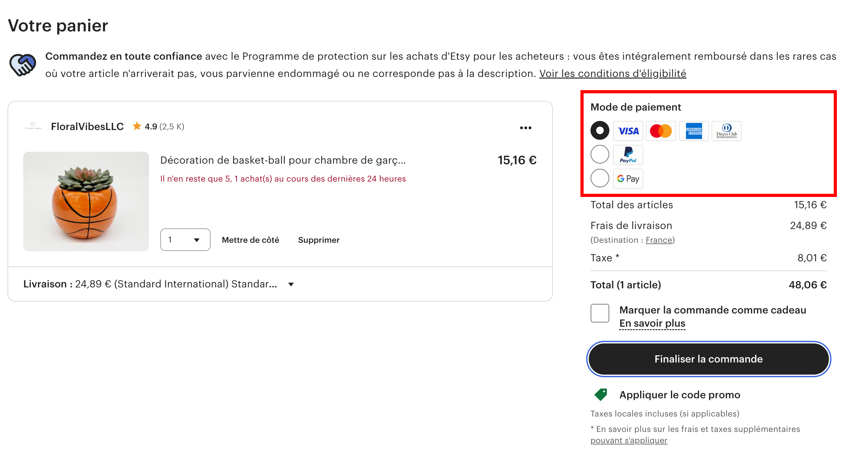 Modes de paiement proposés sur la boutique Etsy