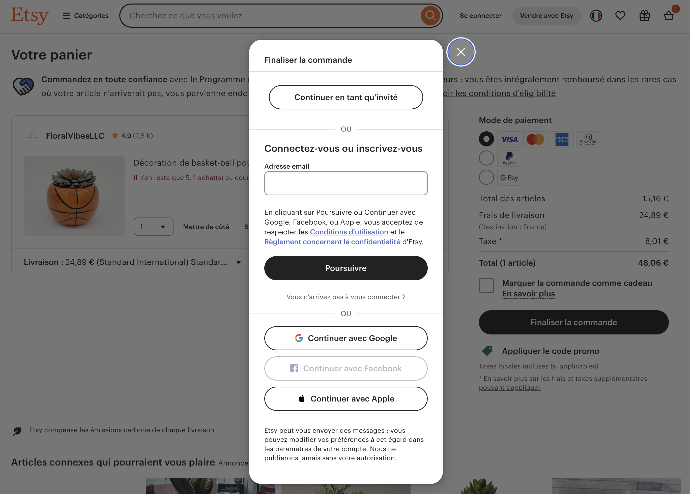 Formulaire de login ou sign up sur la boutique en ligne Etsy.