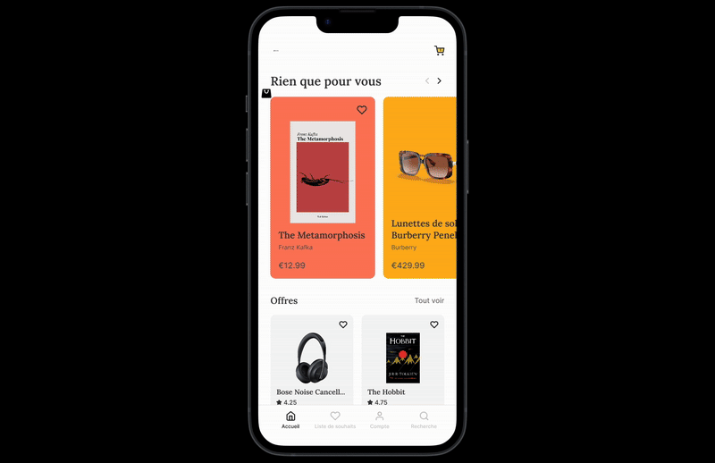 Maquette interactive pour mettre un produit dans le panier et supprimer un produit du panier