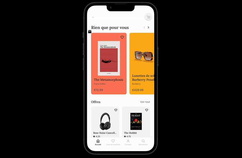 Maquette interactive pour commander un produit à partir du panier